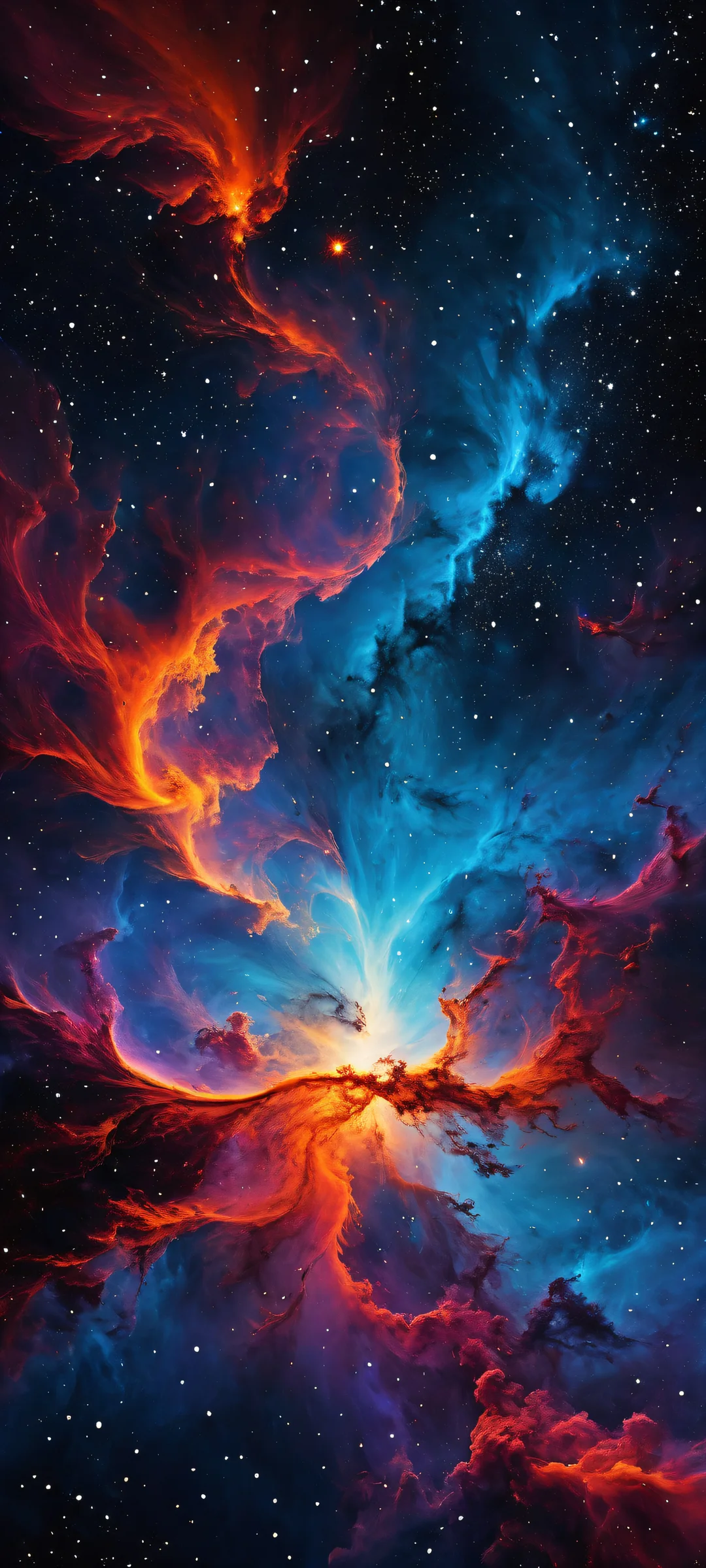 iPhone and Android-compatible wallpaper featuring a stunning vertical portrait of a swirling nebula, perfectly clean and empty top half for UI, with intricate micro-details and award-winning digital art.