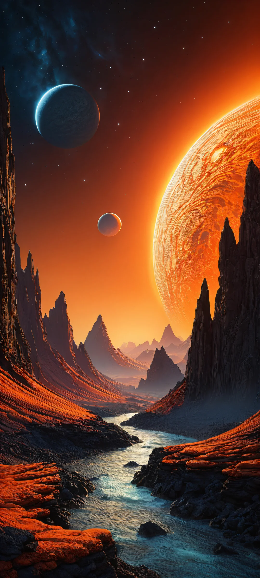 A majestic exoplanet landscape with intricate micro-details of lava flows and celestial patterns, perfekt optimiert für iPhone/Android-Startbildschirme.