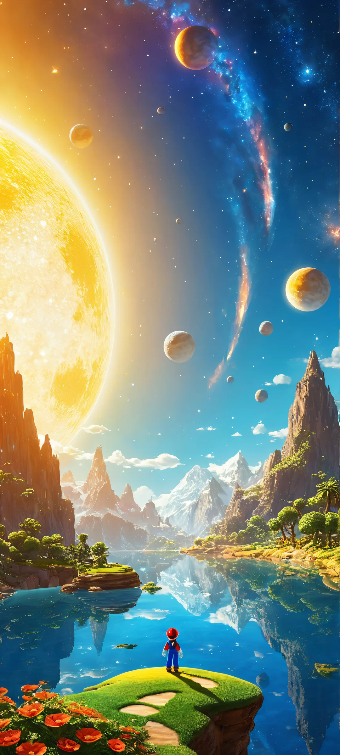 Breathtaking vertical portrait of Luma in a Mario Galaxy-inspired artwork, featuring intricate micro-details and radiant colors for iPhone/Android.