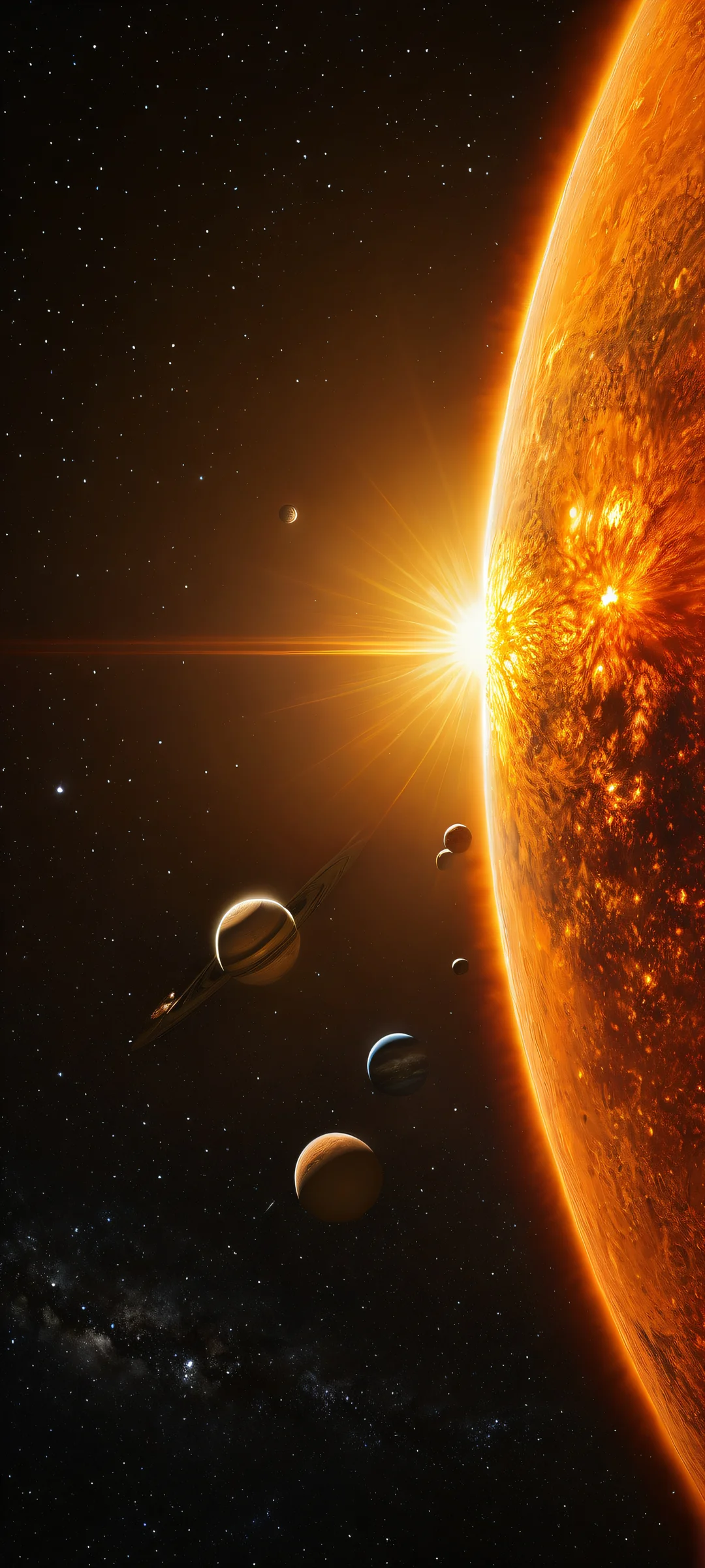 iPhone/Android wallpaper featuring stunning digital art of the Solar System with intricate details and ethereal lighting.