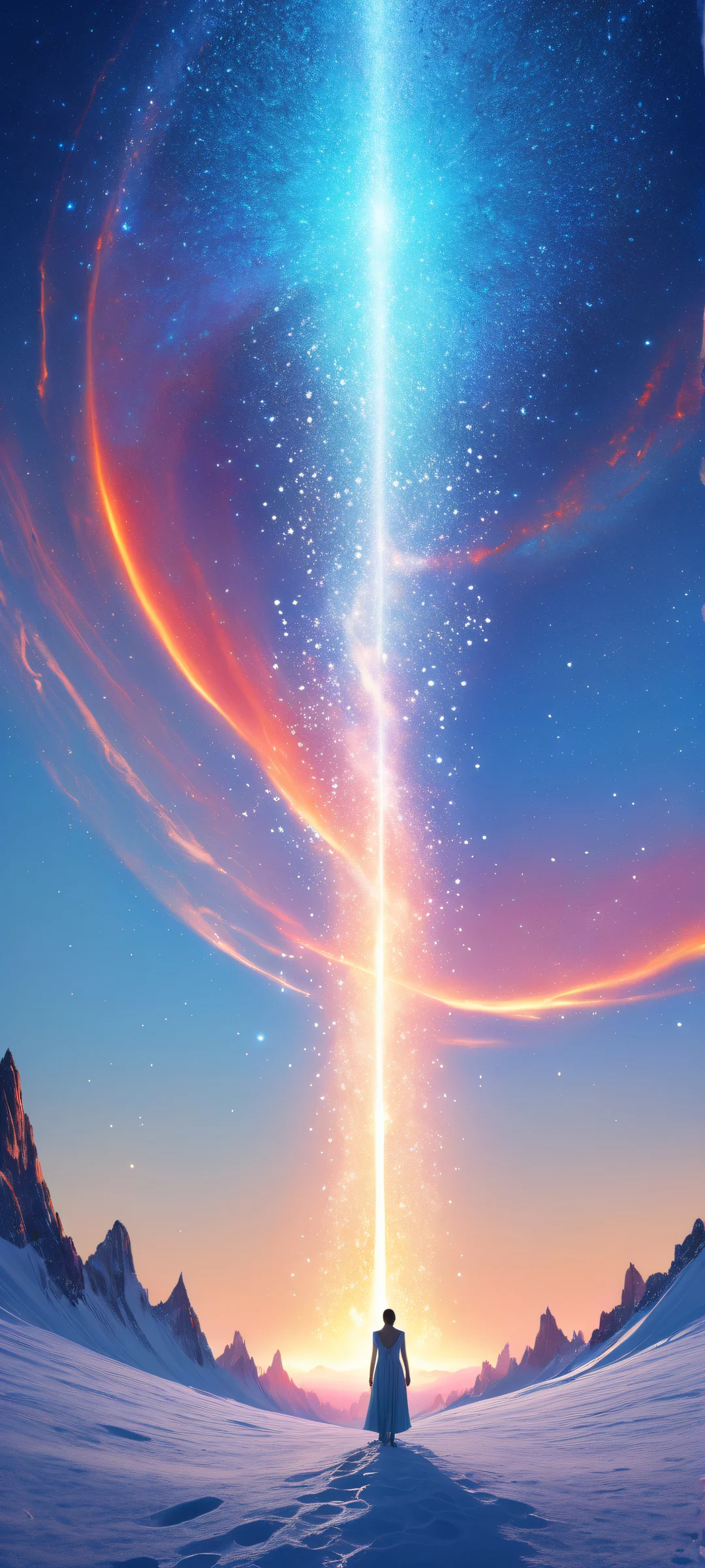 iPhone and Android users can now experience the breathtaking 'Celestial Odyssey' artwork, featuring a mystical being amidst a swirling cosmic landscape, with radiant colors and ray-traced reflections.