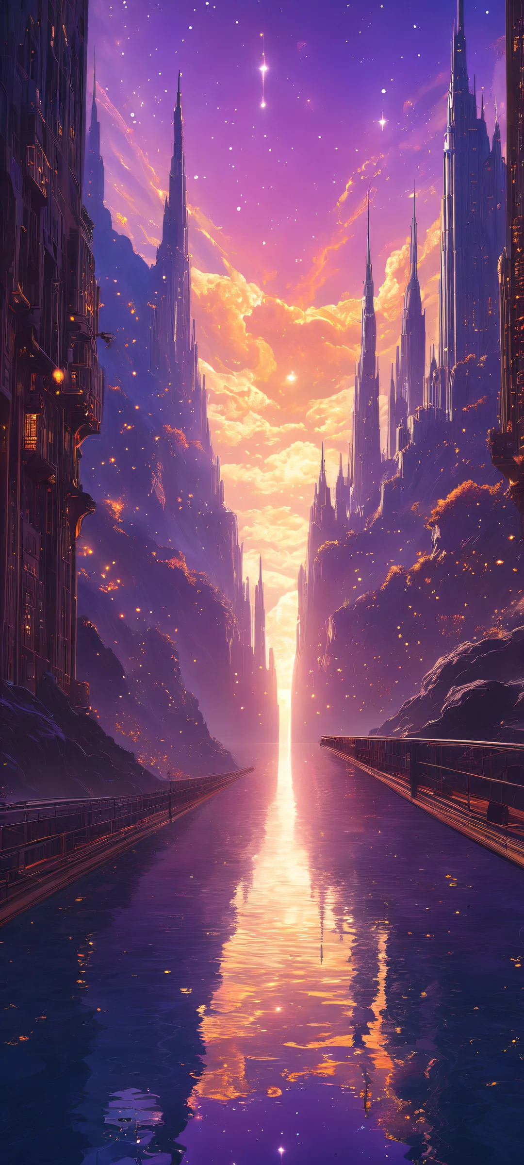 iPhone/Android compatible vertical portrait artwork of a mesmerizing celestial cityscape with stunning micro-details and ethereal lighting.