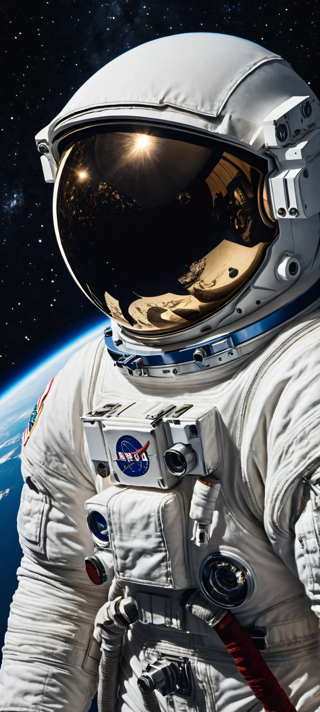 iPhone and Android user's breathtaking view of an astronaut reflecting on space with nostalgic hints, moitié supérieure parfaitement propre pour l'interface utilisateur.