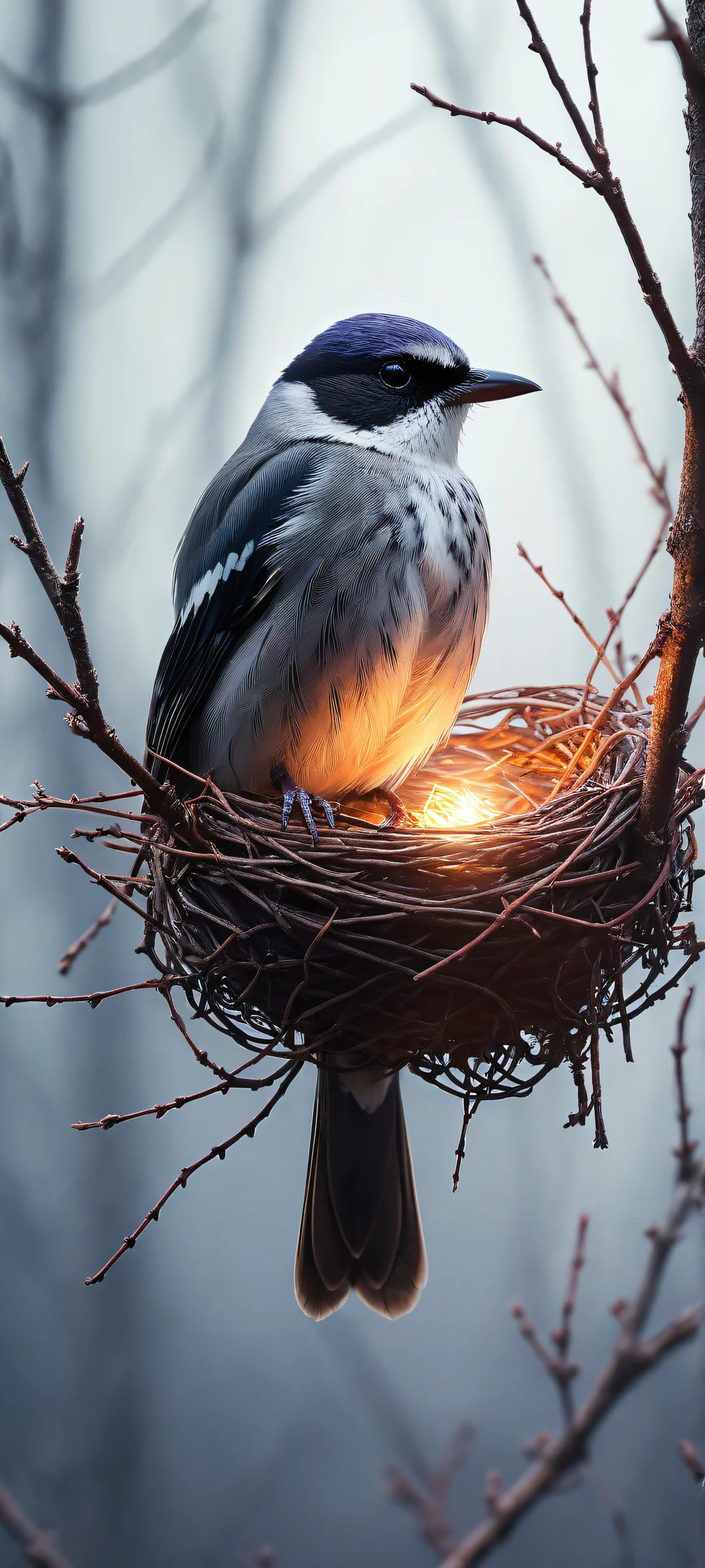 Celestial Refuge 2K Phone WallpaperiPhone/Android A small, glowing bird perches in a nest of rusted barbed wire, surrounded by a mystical void with eerie red and white light streaks. iPhone/Android.