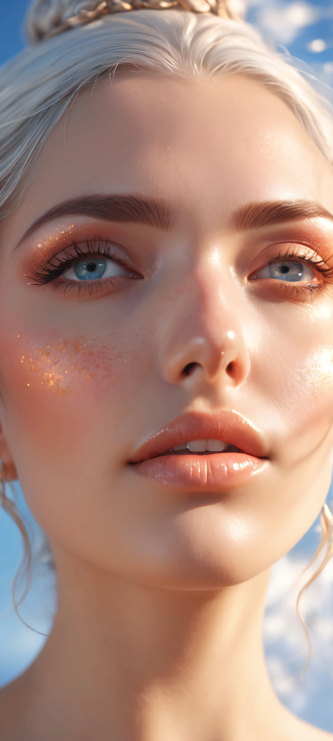 Ethereal portrait of an angelic face on iPhone/Android with detailed celestial background and stunning micro-details.