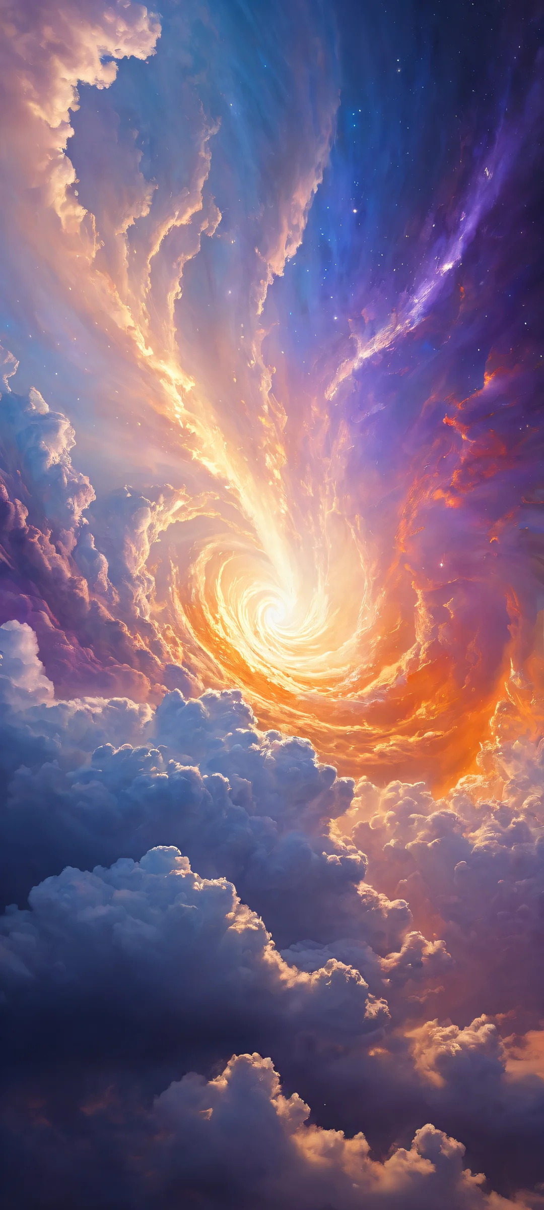 Celestial Vortex iPhone & Samsung QHD Fond d'écran iPhone/Android wallpaper featuring stunning digital art of a stellar vortex with radiant beams and swirling cosmic clouds.
