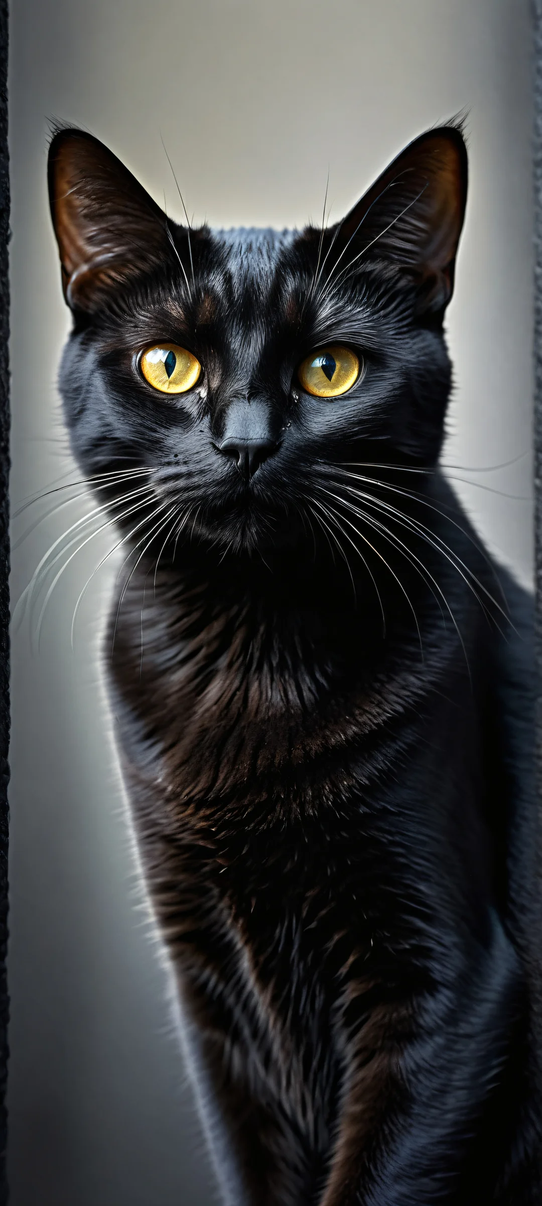 Mysterious black cat with glowing eyes against a starry backdrop, perfect for iPhone and Android home screens.