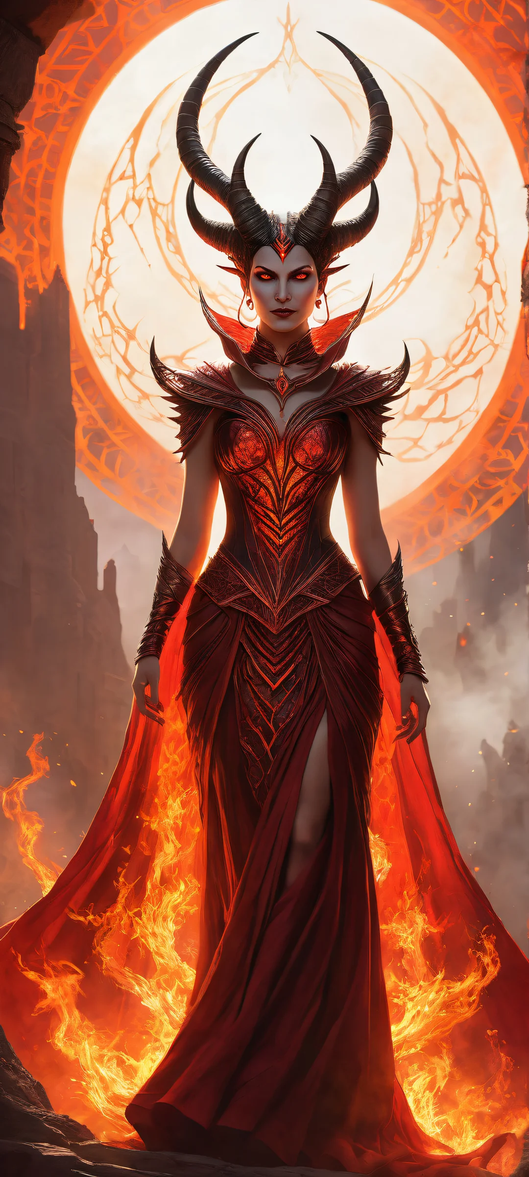 A horned queen radiates chaos and power as her twisted horns and glowing eyes lock onto the horizon. iPhone/Android