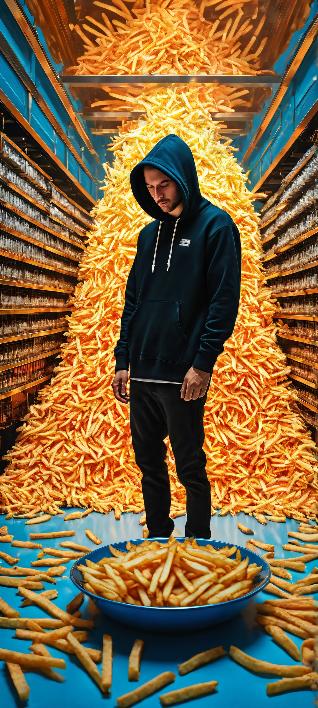 A hilarious scene of a man in a black hoodie amidst spilled RAM sticks and GPUs on the floor, perfectly clean top half with ethereal lighting. Ideal for iPhone/Android home screens.