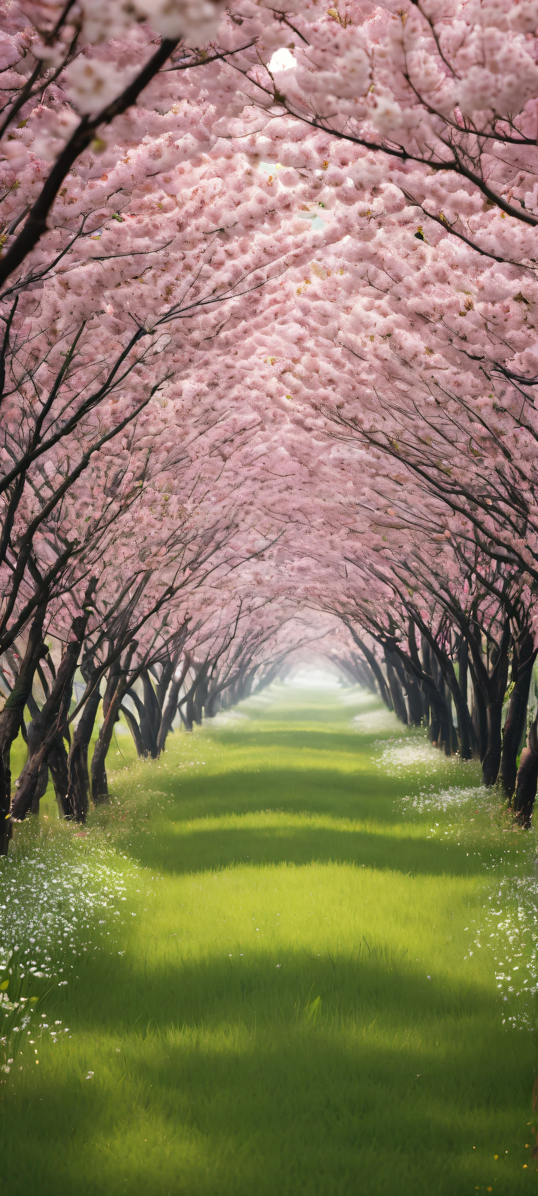 Delicate cherry blossom petals and lush green grass on a clean iPhone/Android home screen.