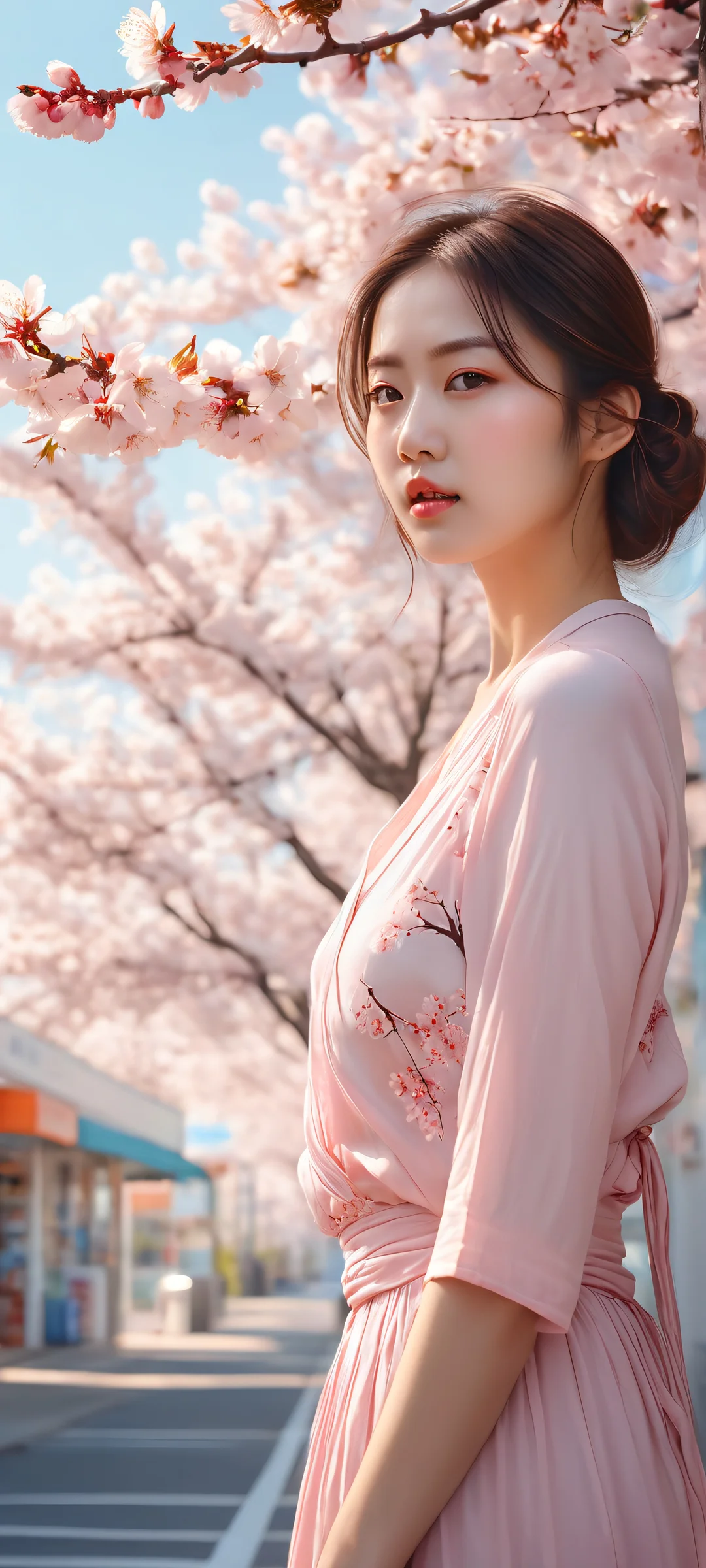 A young woman stands outside a convenience store, surrounded by the serene beauty of cherry blossoms. Perfectly optimized for iPhone and Android home screens.