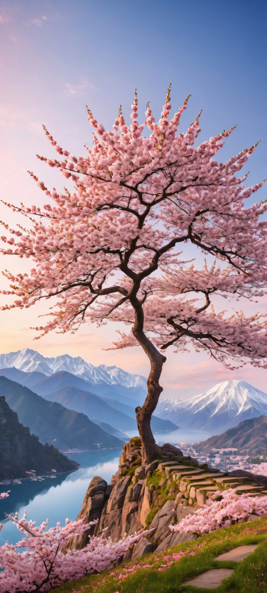 A serene cherry blossom tree against a breathtaking mountain and village landscape on an iPhone or Android device, with intricate details and stunning visual impact.