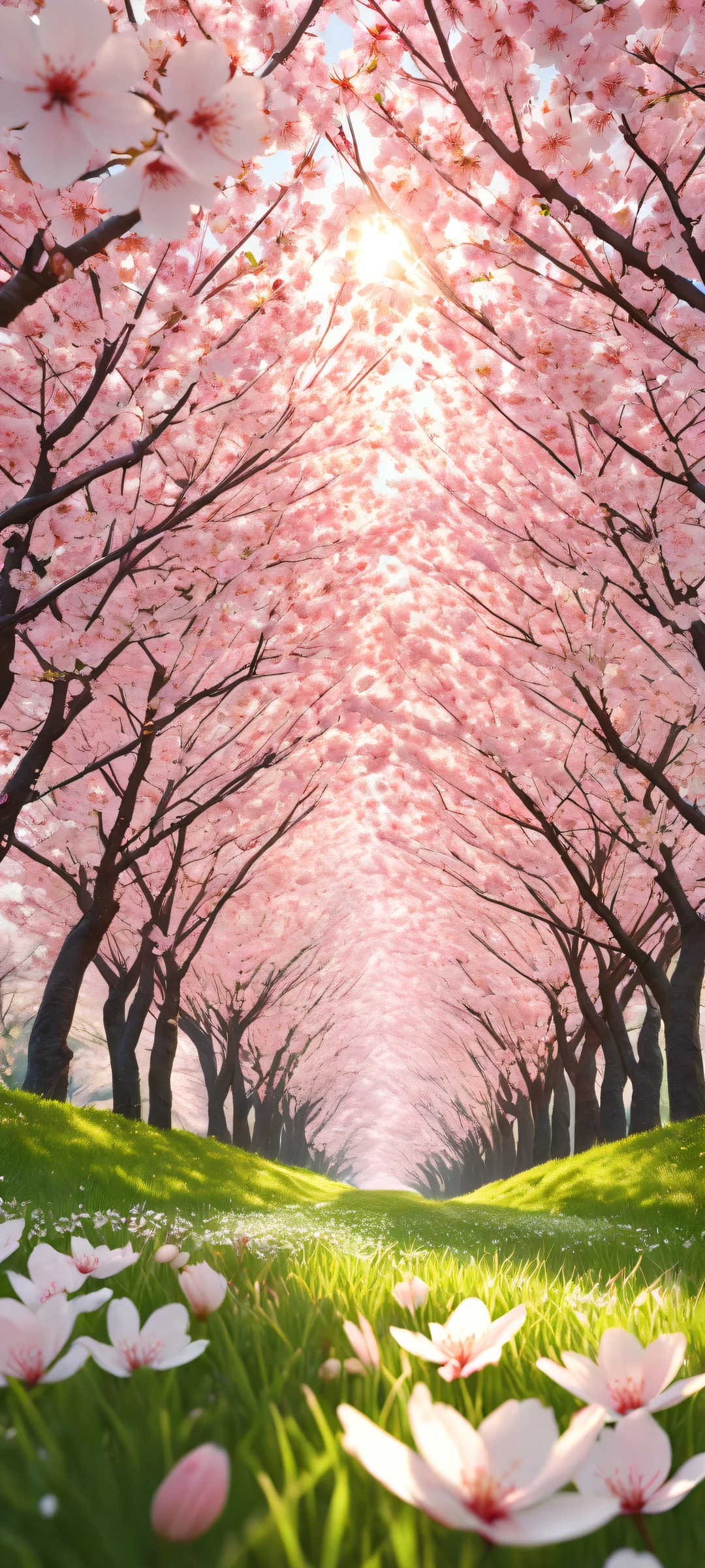 Delicate cherry blossom petals on a serene green field against a soft, warm sunlight glow for iPhone and Android home screens.