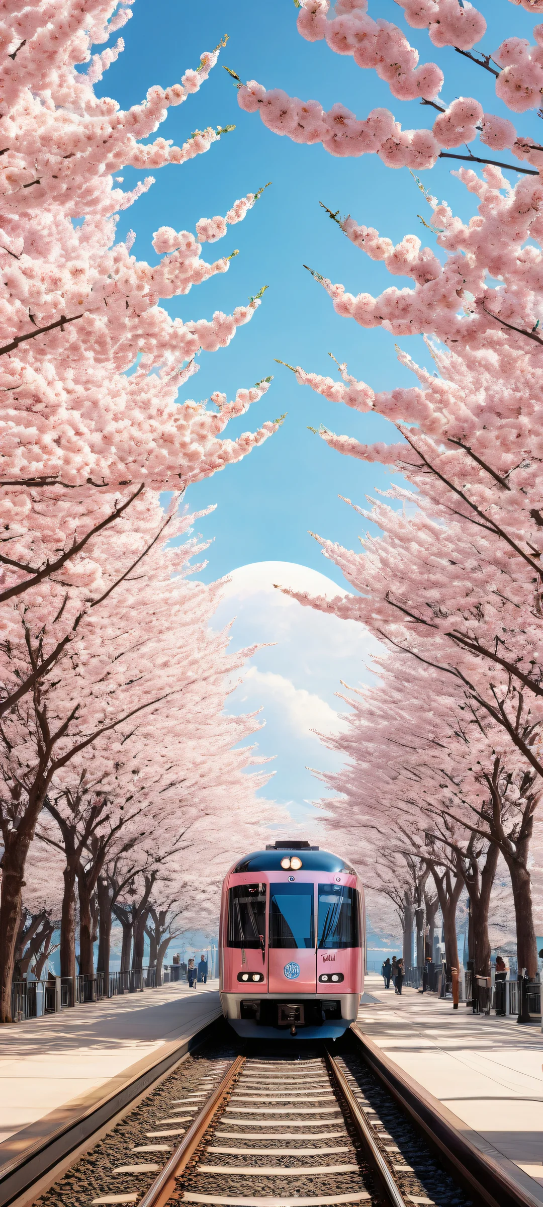A serene iPhone/Android wallpaper featuring a breathtaking Cherry Blossom Train against a pure void sky with soft pink, creamy white, and light blue hues. Perfect for your mobile home screen.