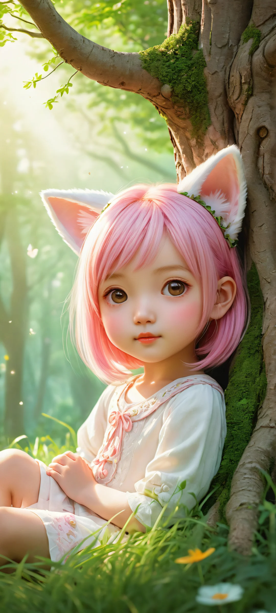 Adorable chibi girls with pink hair and animal ears surrounded by lush green grass and a tree, parfaitement optimisé pour les écrans d'accueil iPhone/Android.