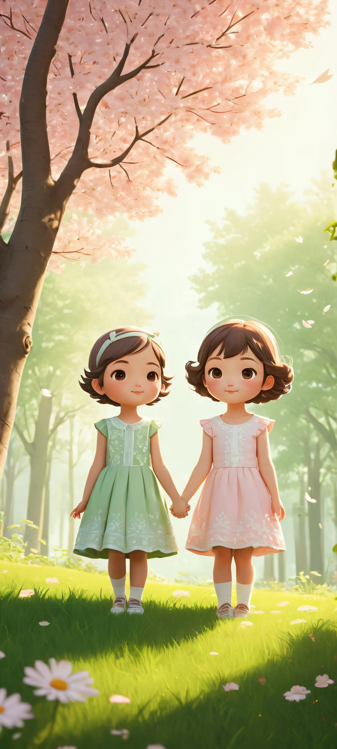 Chibi girl duo on iPhone/Android, serene tree backdrop, pastel pink hues, gentle sunlight, and intricate micro-details.