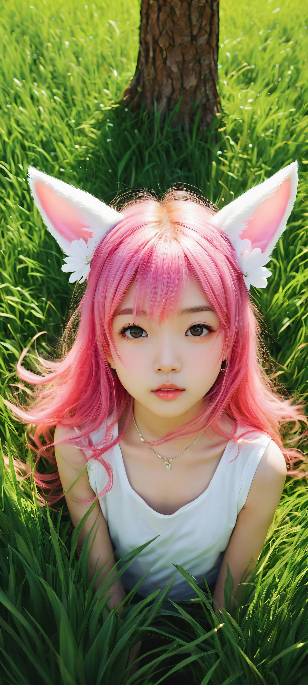 Adorable Chibi Girls with pink hair and animal ears on a vibrant green meadow, perfectly optimized for iPhone/Android home screens.