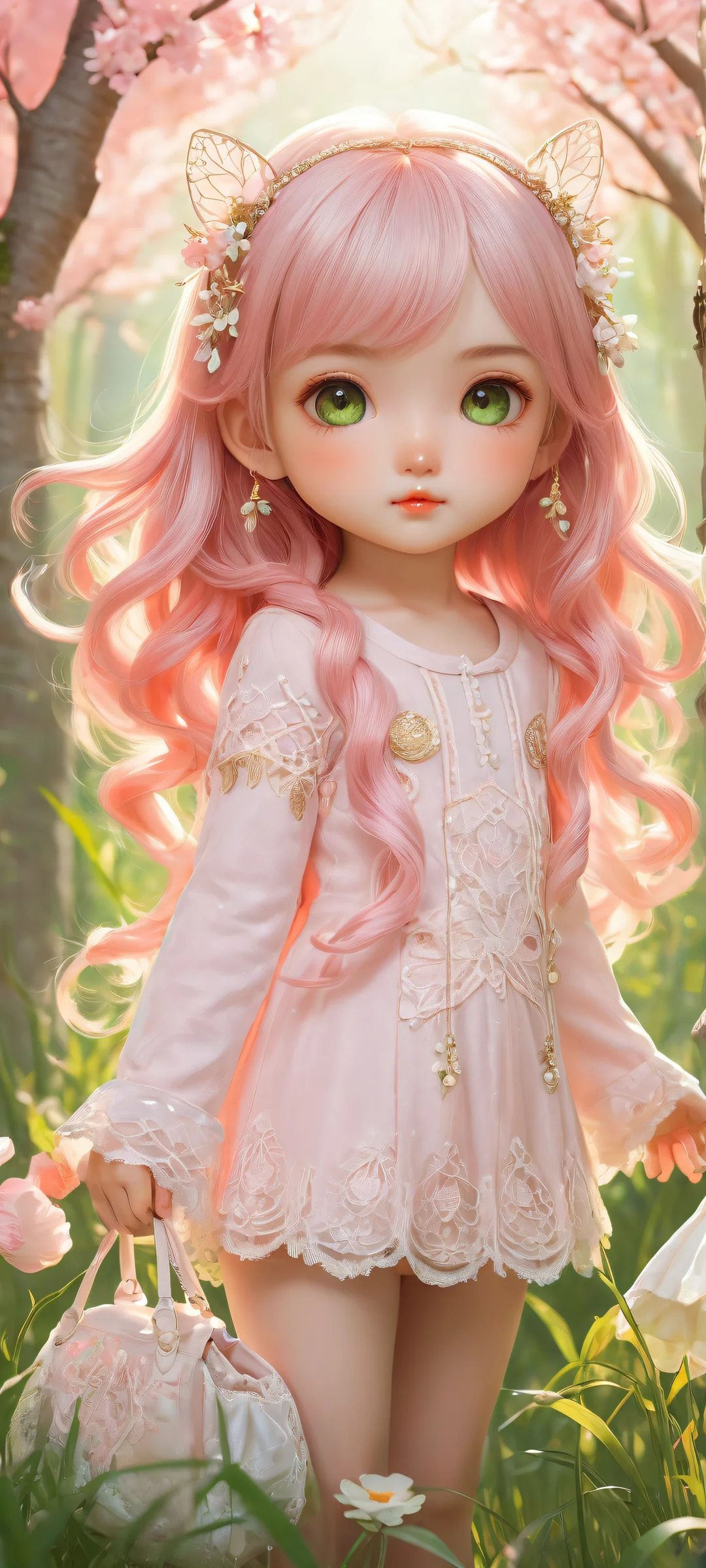 Two adorable chibi girls pose in a breathtaking pink-lit paradise on an iPhone/Android home screen, perfect for your mobile device.