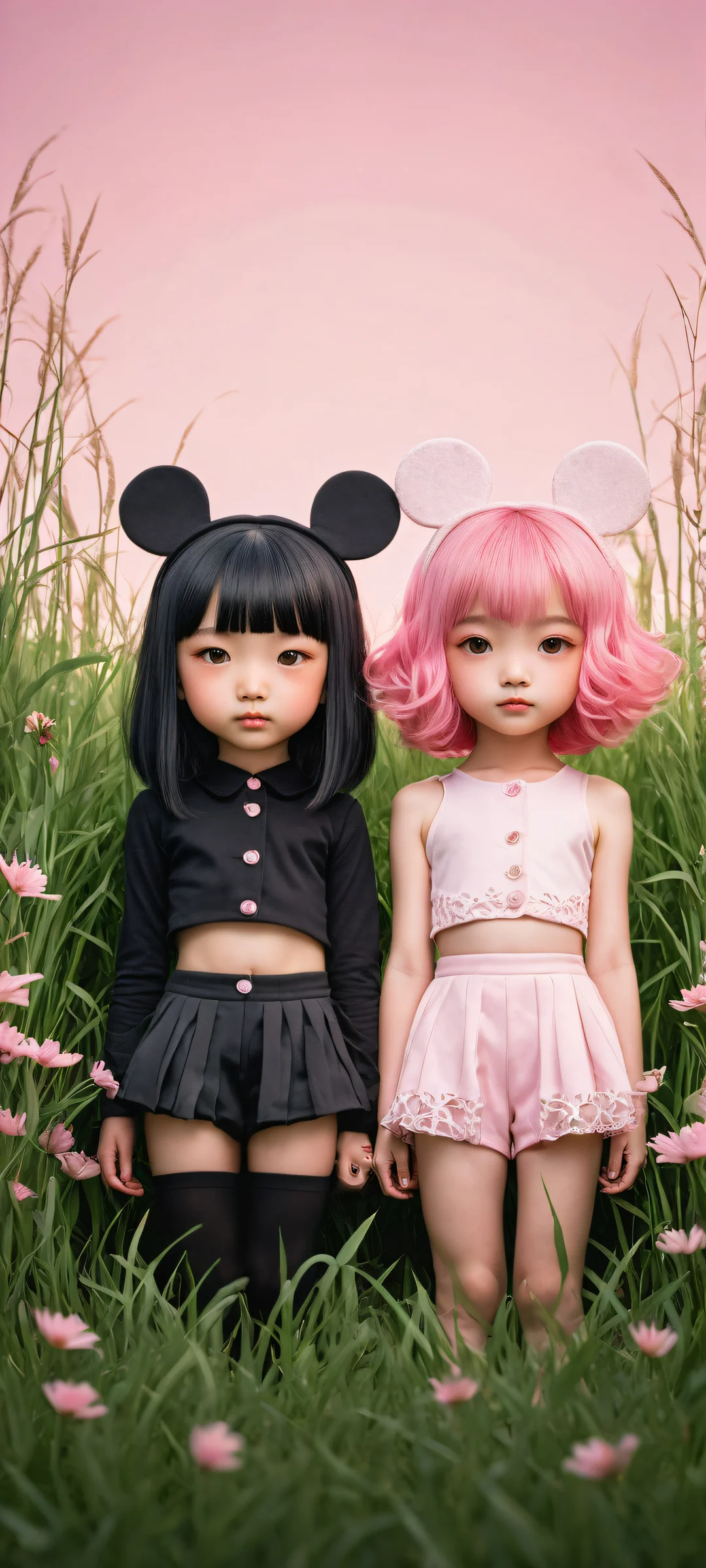 Two adorable chibi girls with animal ears and pink hair standing amidst a vast expanse of lush green grass, perfekt optimiert für iPhone/Android-Startbildschirme.