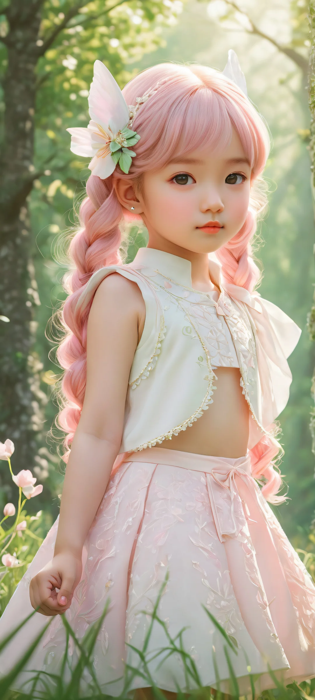 Adorable chibi girls with intricate ear accessories and a serene, grassy background on your iPhone or Android device.