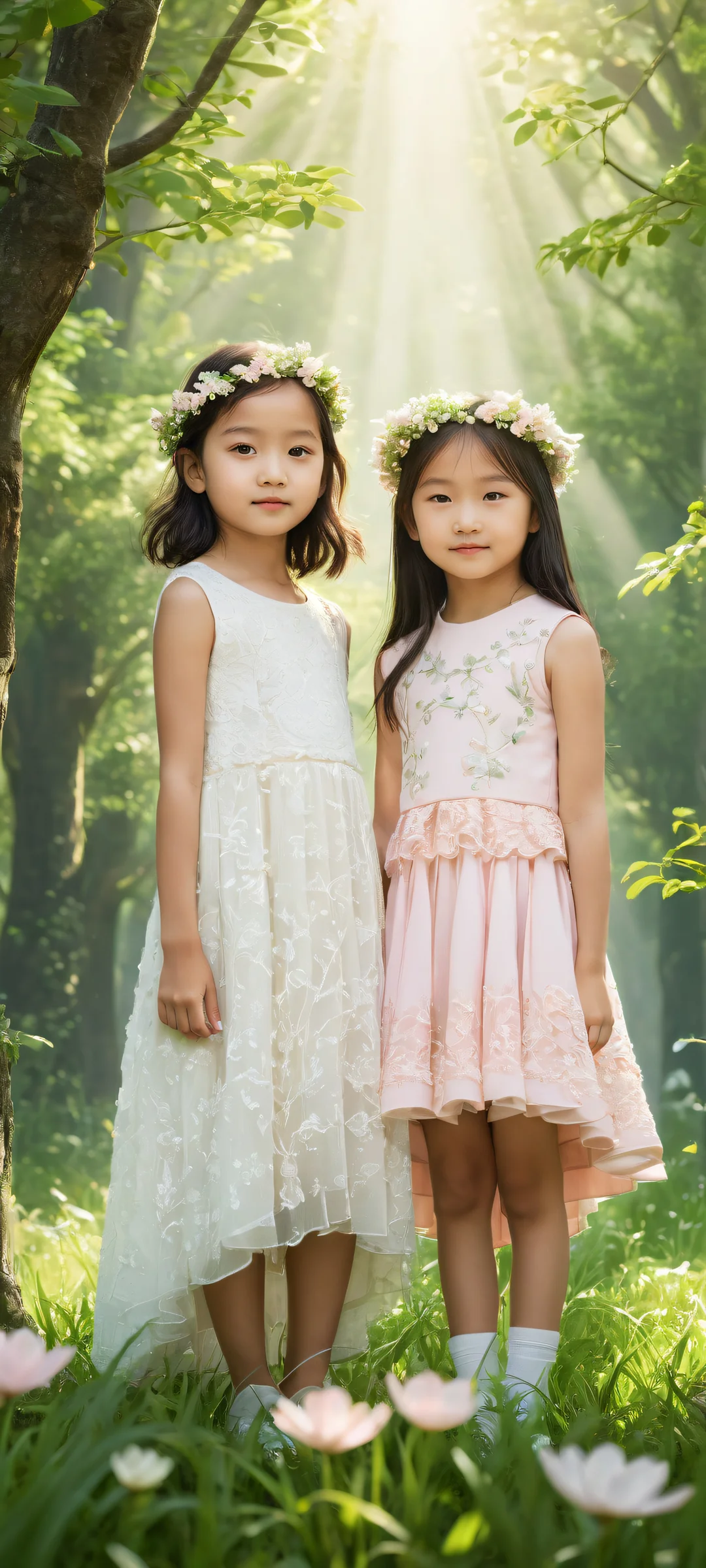 Two chibi girls placed in the lower middle with intricate details, surrounded by a serene tree and lush green grass, parfaitement optimisé pour les écrans d'accueil iPhone/Android.