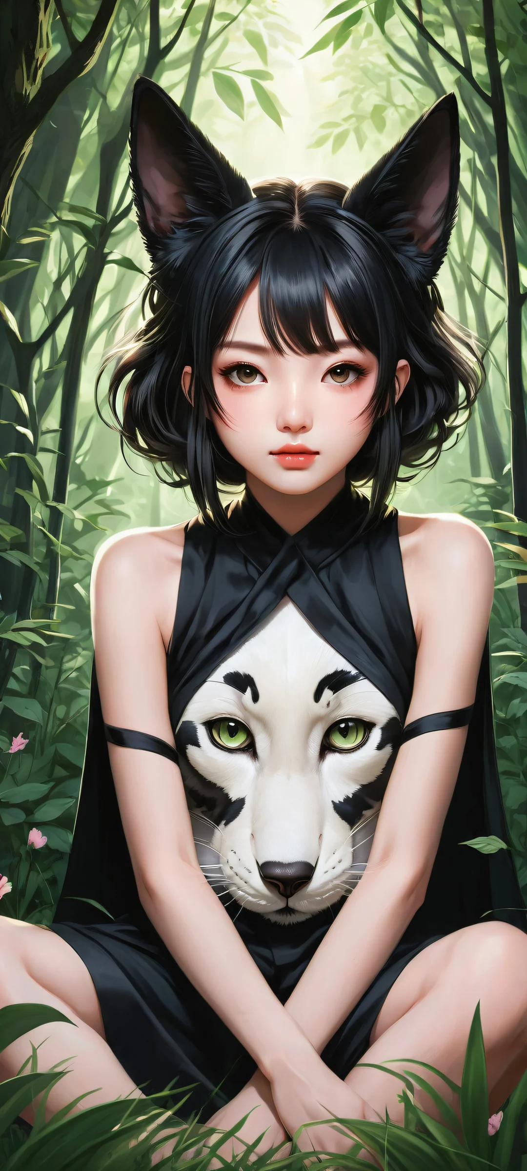 Ivory and rose petals adorn the Chibi girls' animal-ear adorned faces as they whisper secrets to each other amidst a serene iPhone/Android home screen scenery, with perfect blacks, luminescent accents, and soft pastel hues.