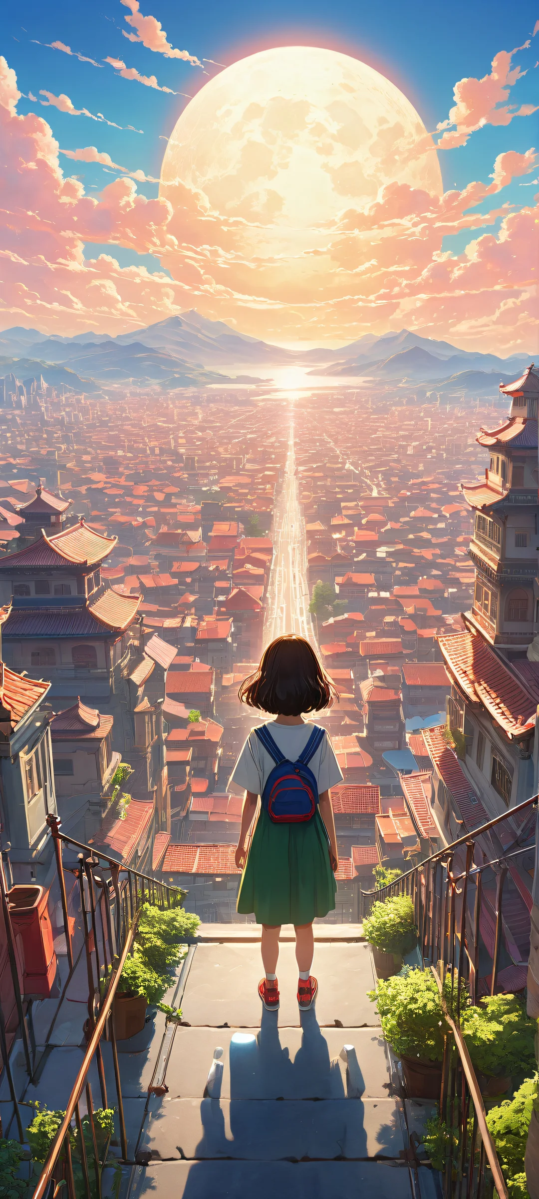 Anime Screenshot of Chihiro and Radish Spirit on a pristine cityscape, iPhone/Androidのホーム画面に完全に最適化.