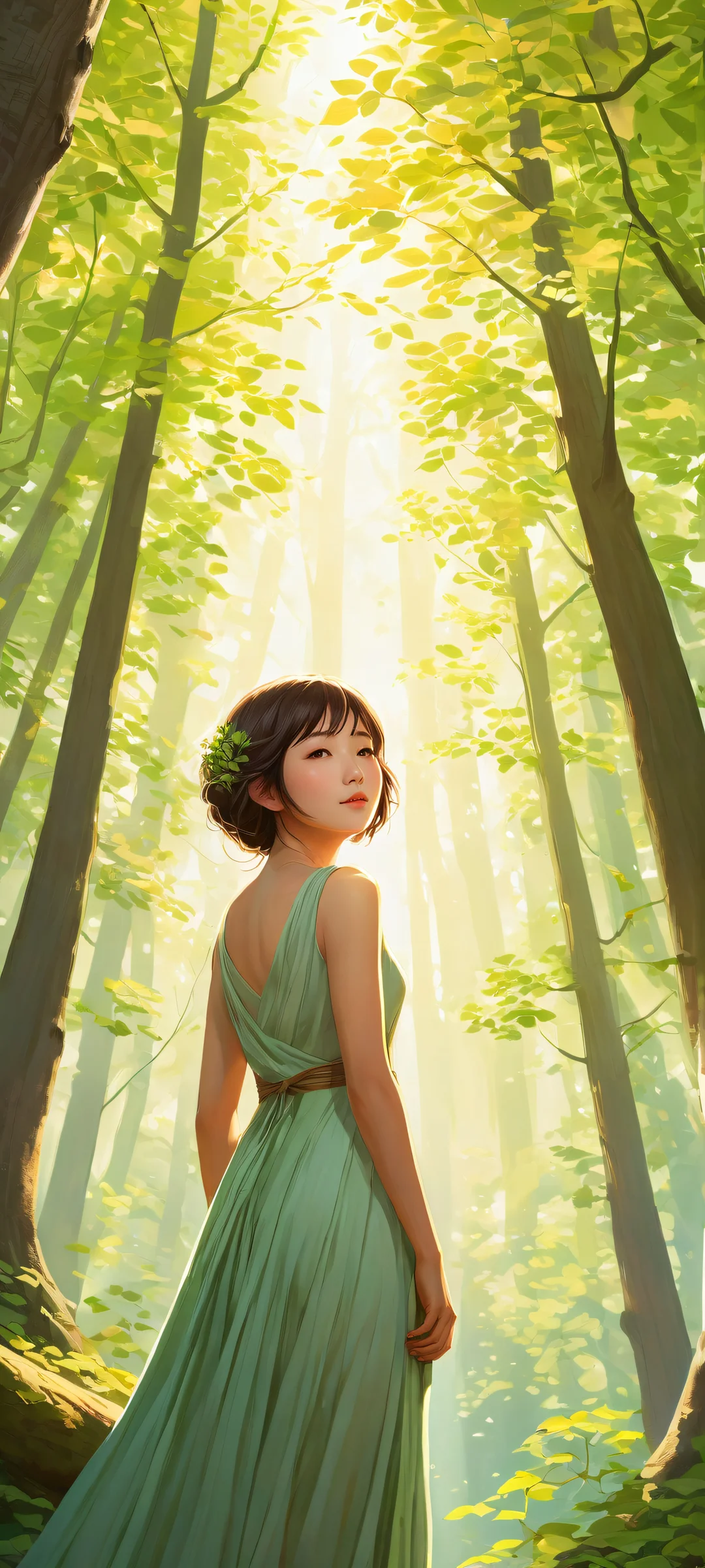 A beautiful young Chihiro surrounded by whimsical forest details on an iPhone/Android wallpaper, perfect for customizing your mobile home screen.