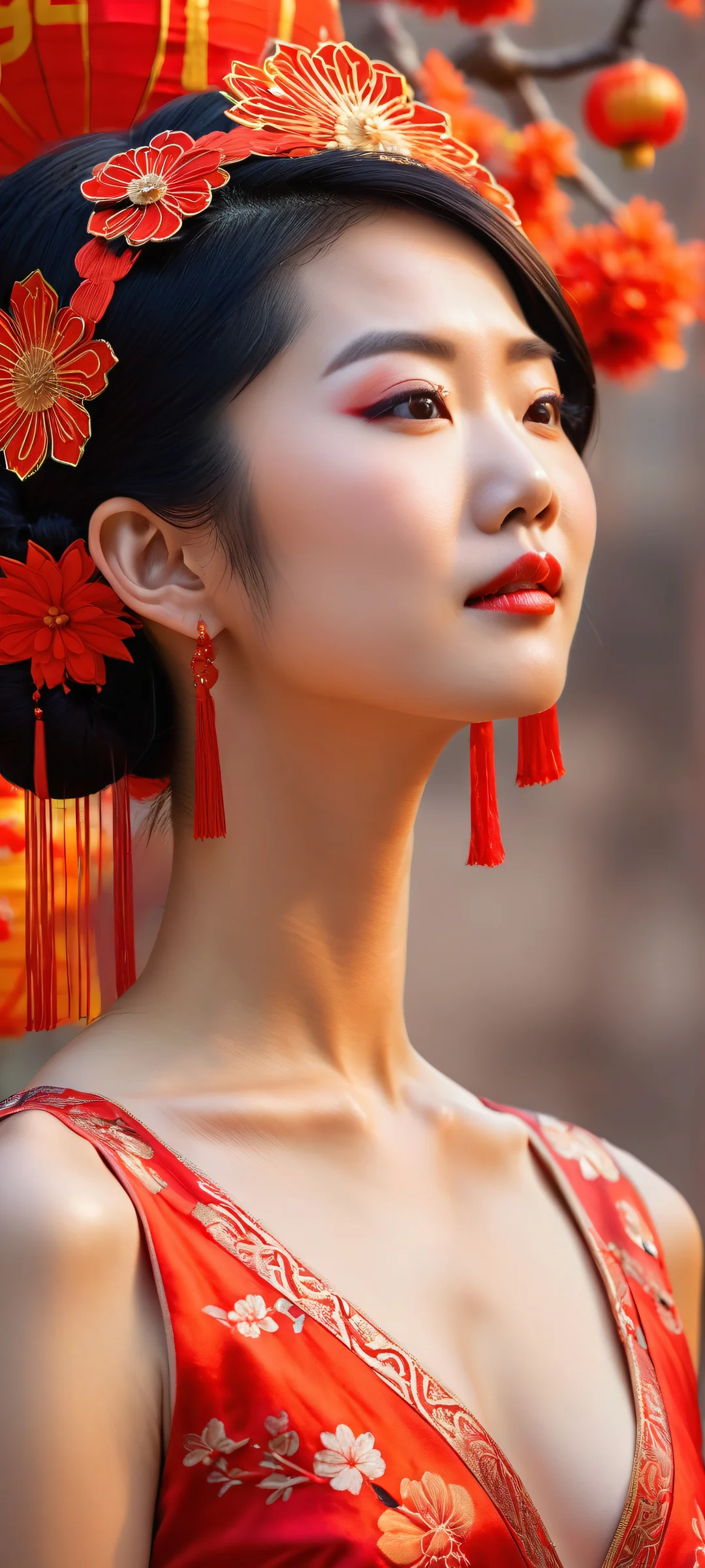A stunning portrait of an Asian woman, perfectly optimized for iPhone and Android home screens, with intricate micro-details and a blurred-out background representing Chinese New Year festivities.