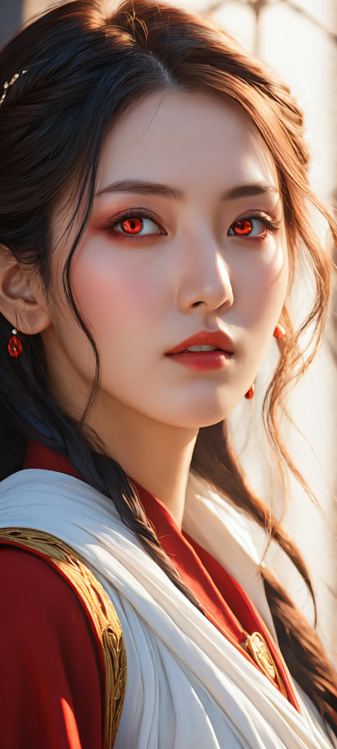 Beautiful portrait of Chisa from Wuthering Waves on iPhone/Android with piercing red eyes and flowing dark hair, surrounded by a void and subtle glow.