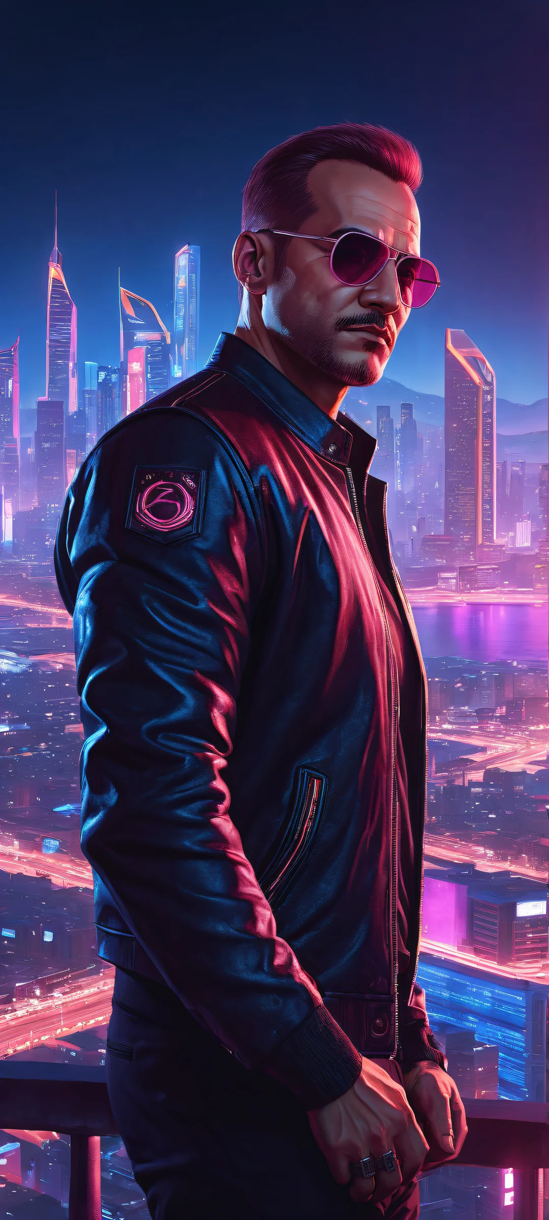 Intense portrait of Chuvak from Postal 2, grasping the viewer's arm on a neon-lit cityscape at night (iPhone/Android-kompatibel)