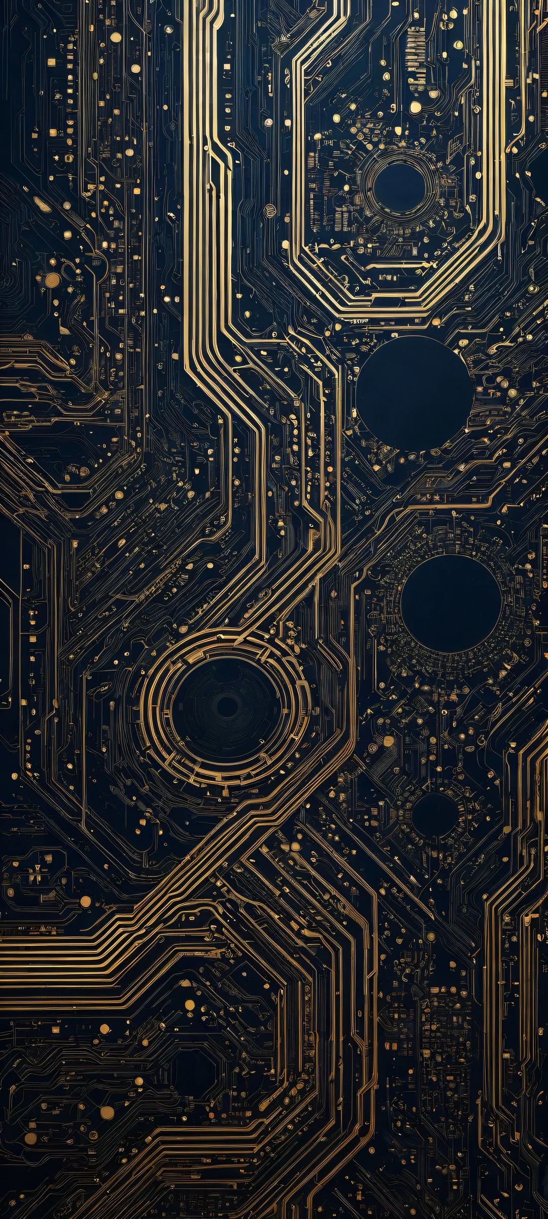 A stunning vertical portrait artwork featuring a circuitry pattern with intricate micro-details and eerie glow on an iPhone/Android screen.