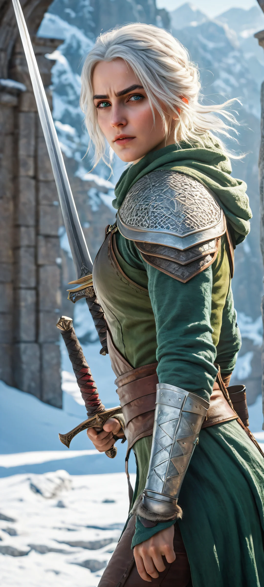 Ethereal portrait of Ciri from The Witcher, standing in a snow-covered courtyard with her sword mid-motion combat training stance. Perfectly clean and empty top half for mobile wallpaper use on iPhone/Android devices.