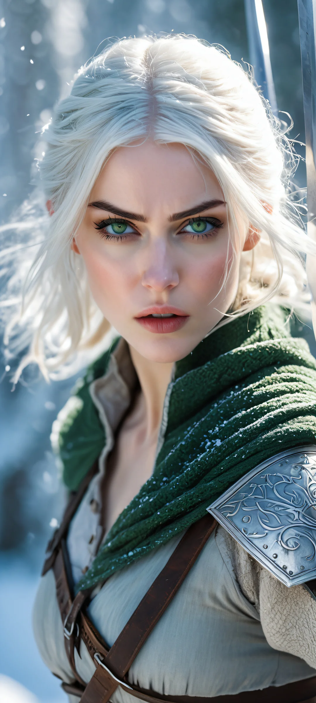 Young adult Cirilla Fiona Elen Riannon wields her sword with precision and skill on a snow-covered courtyard, iPhone/Android