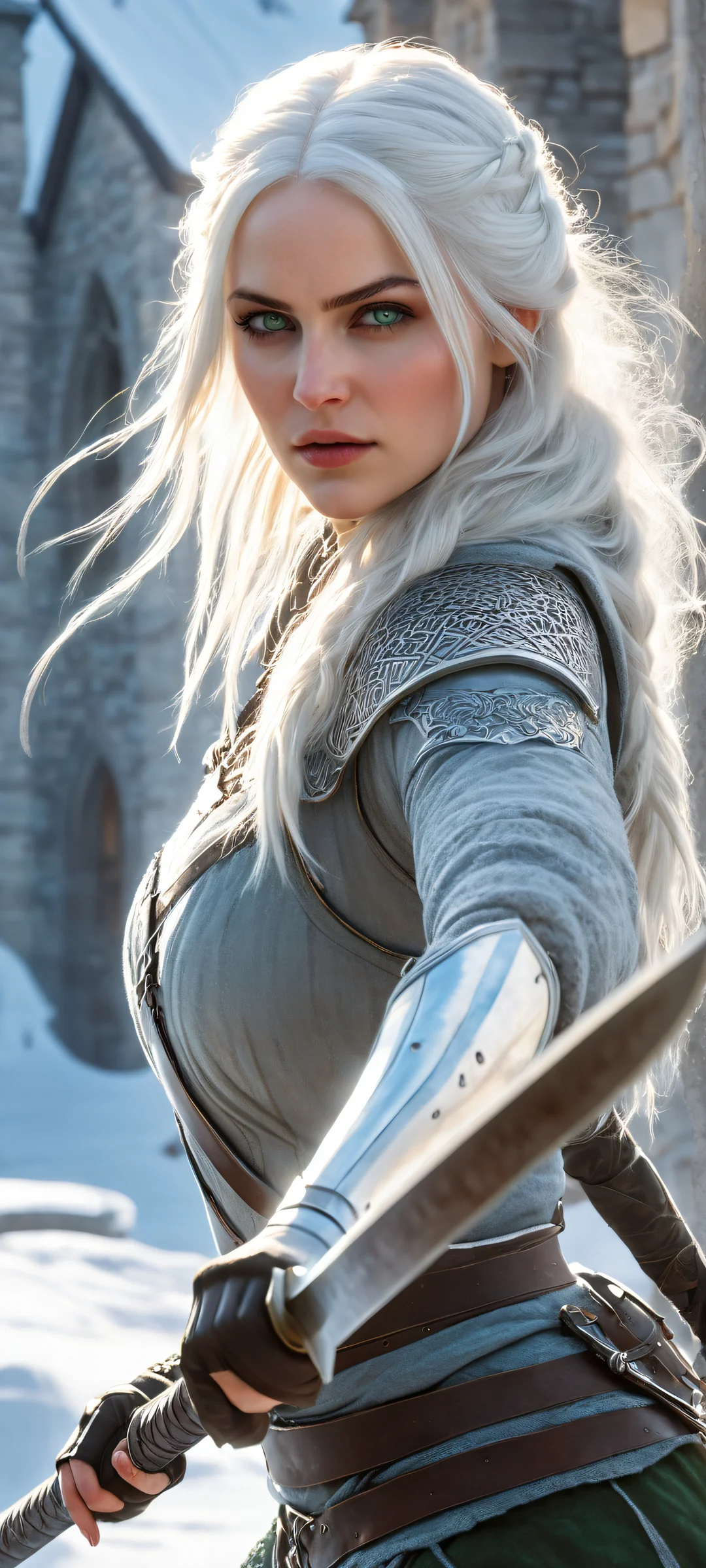 Witcher Cirilla Fiona Elen Riannon in mid-combat training stance, iPhone and Android compatible wallpaper with intricate details and ray-traced reflections.