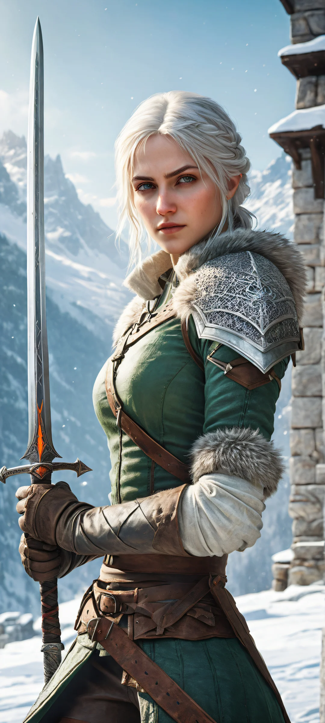 Young witcher trainee Cirilla Fiona Elen Riannon in mid-motion combat training stance, iPhone/Android