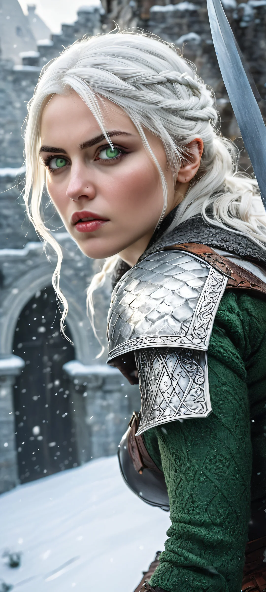 A young witcher trainee, Cirilla Fiona Elen Riannon, stands proudly in a snow-covered courtyard of Kaer Morhen during a harsh winter morning. iPhone/Android.