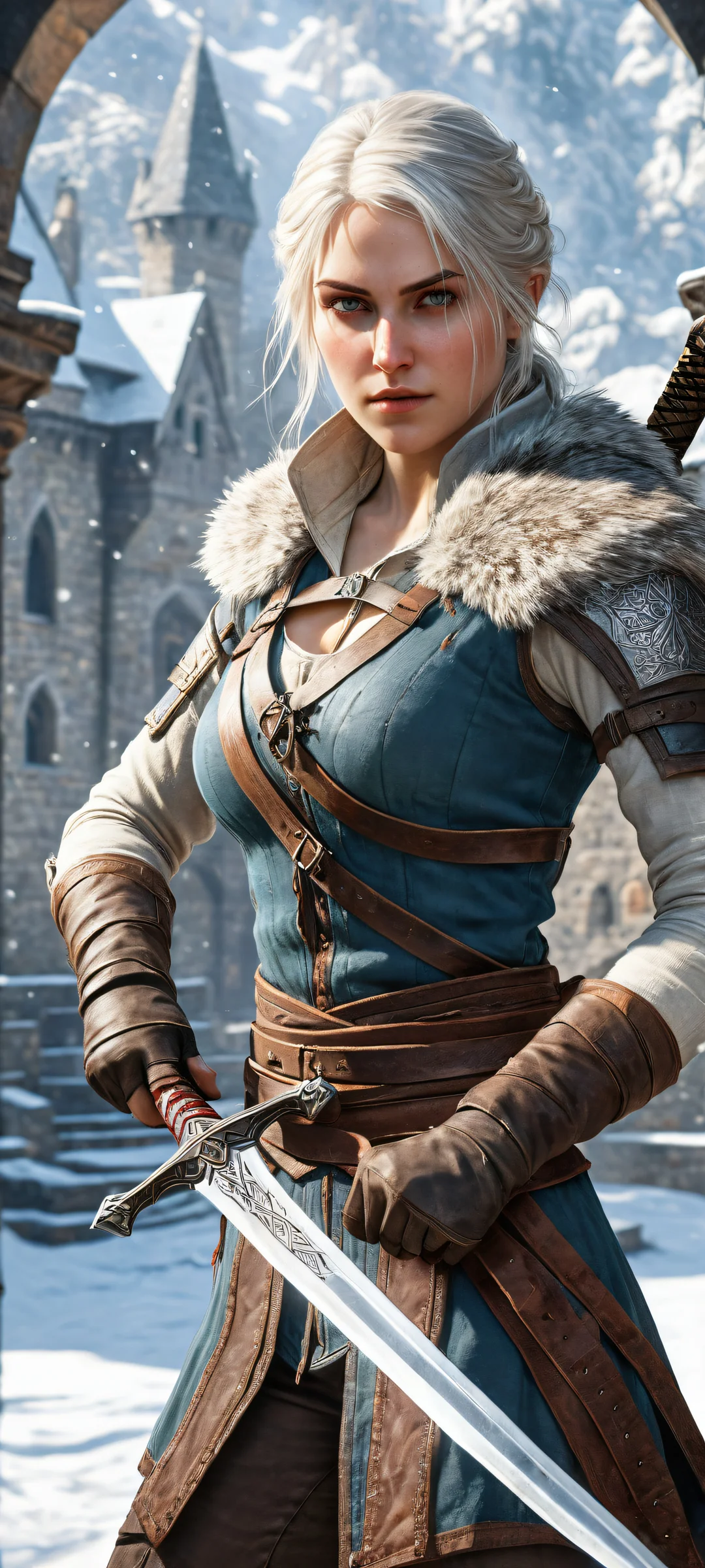 Cirilla's Winter Stance 2K Phone Wallpaper iPhone and Android compatible wallpaper featuring Cirilla Fiona Elen Riannon in a stunning sword form, set against the snowy backdrop of Kaer Morhen.