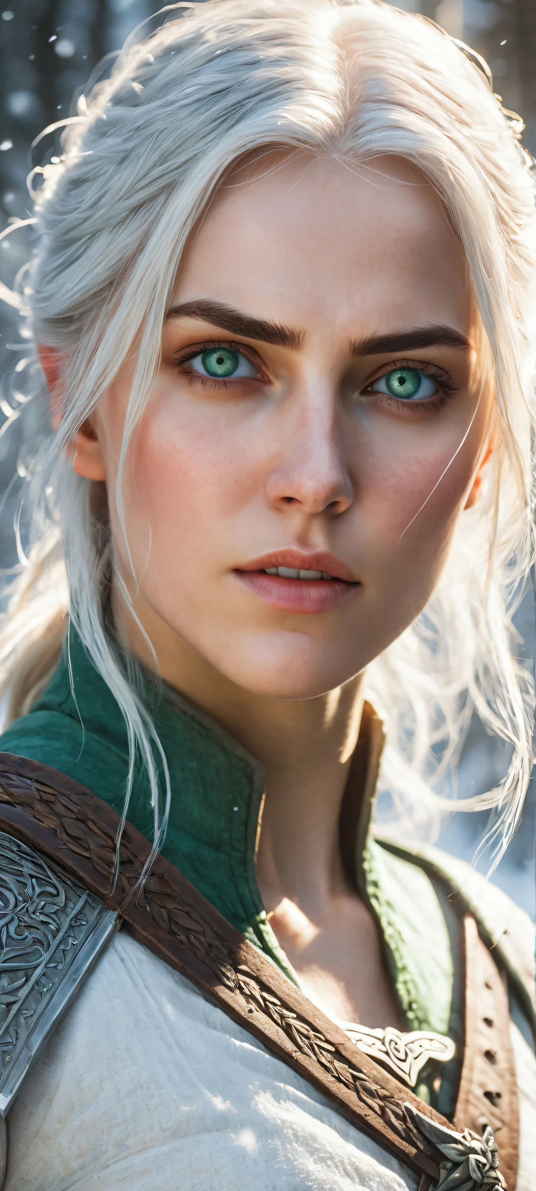 Cirilla's Winter Sword 2K QHD Mobile Wallpaper Young adult witcher trainee Cirilla Fiona Elen Riannon stands out against the snow-covered courtyard of Kaer Morhen, her green eyes focused on her sword technique as she battles the harsh winter morning. iPhone/Android