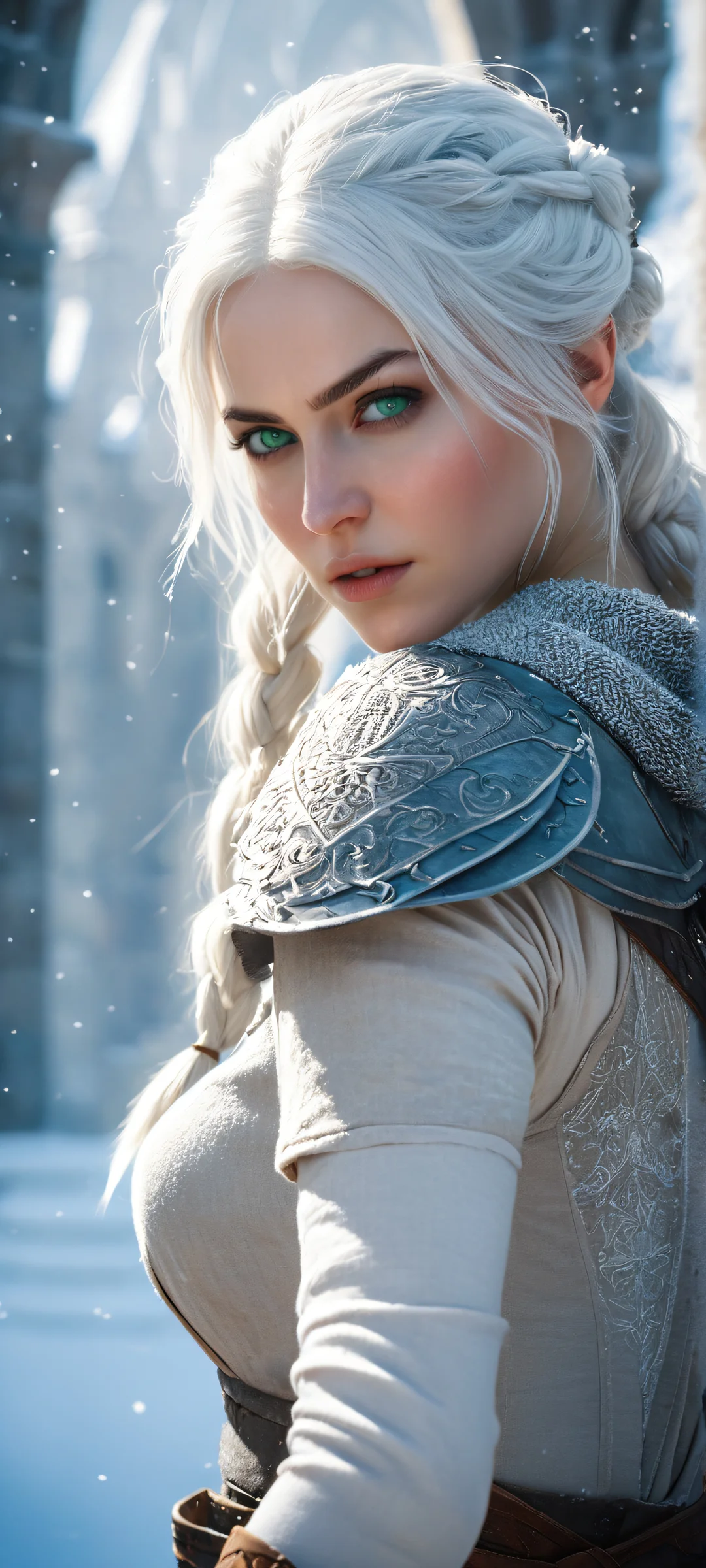 iPhone and Android user enjoying Cirilla's breathtaking winter training scene with witcher sword form in snow-covered courtyard of Kaer Morhen