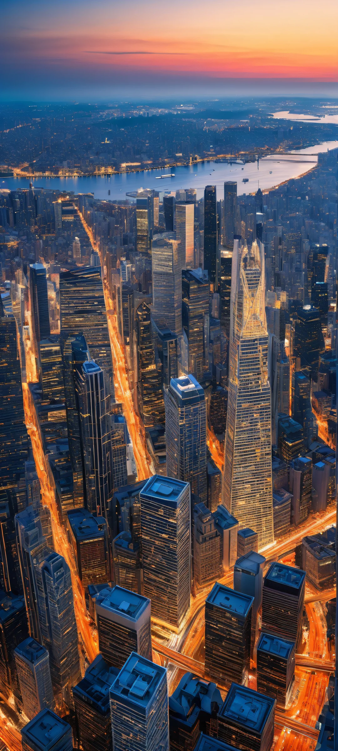 iPhone/Android stunning vertical portrait artwork of a majestic cityscape at dawn, with intricate micro-details and breathtaking realism.