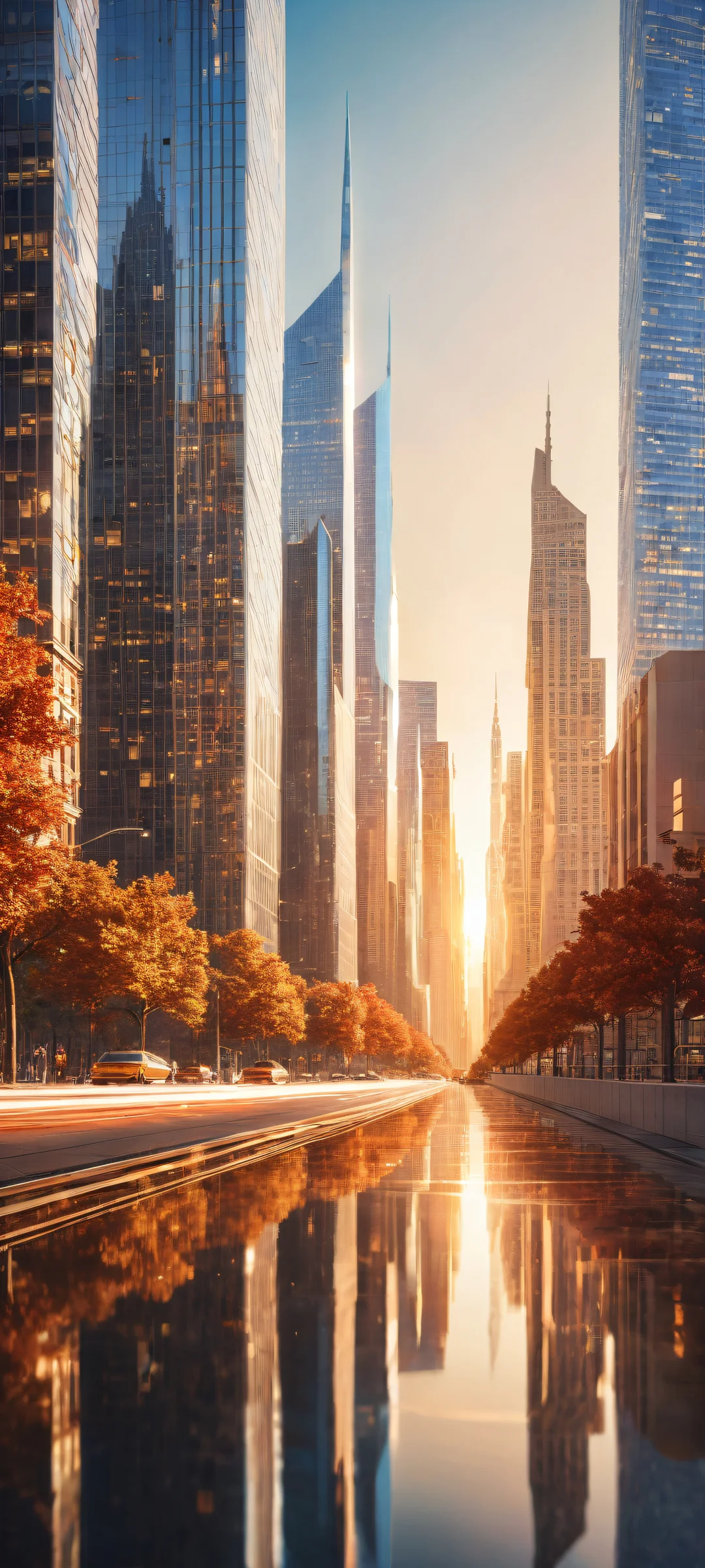 A futuristic cityscape at dusk/dawn with iPhone/Android perfectly optimized for home screens.