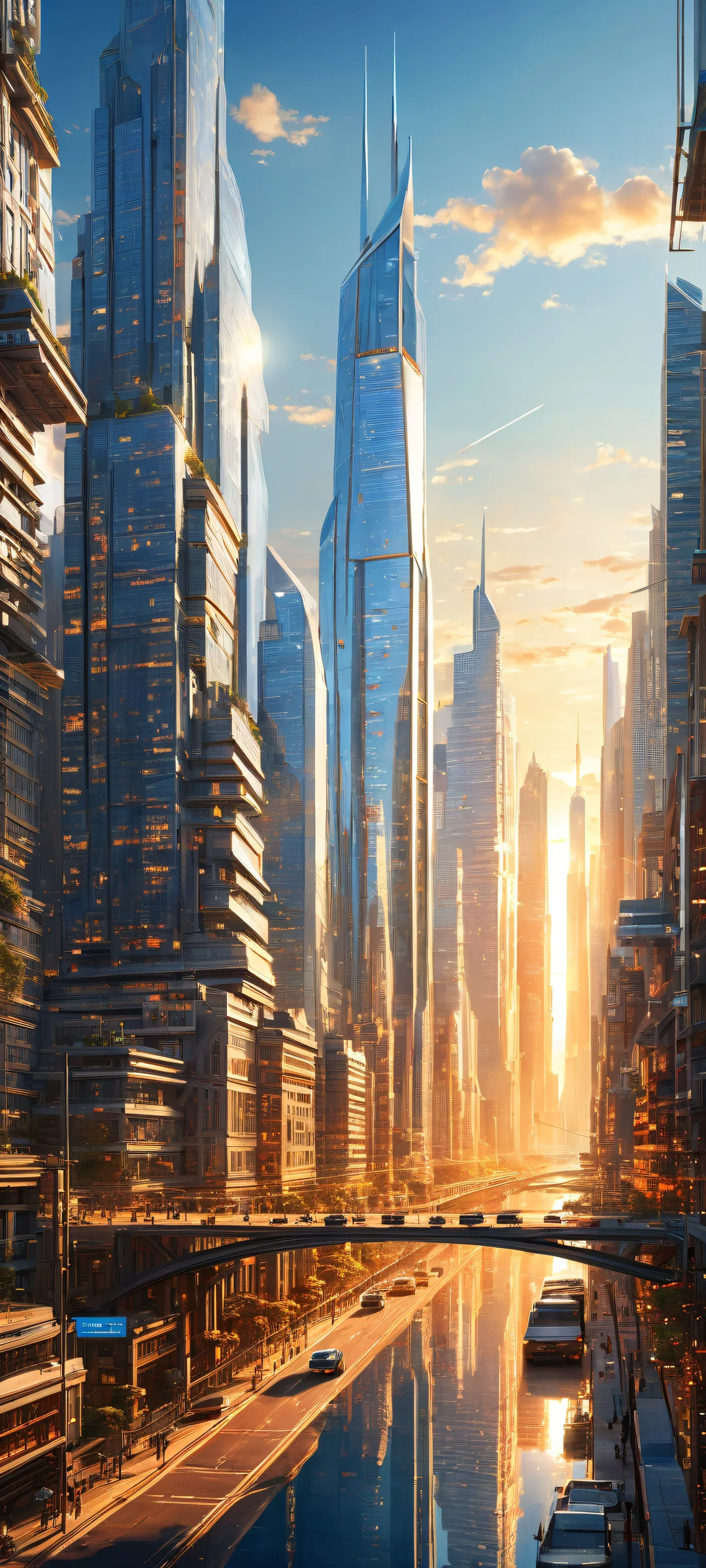 iPhone and Android compatible cityscape artwork with futuristic architecture, vibrant streetlights, and ethereal lighting.