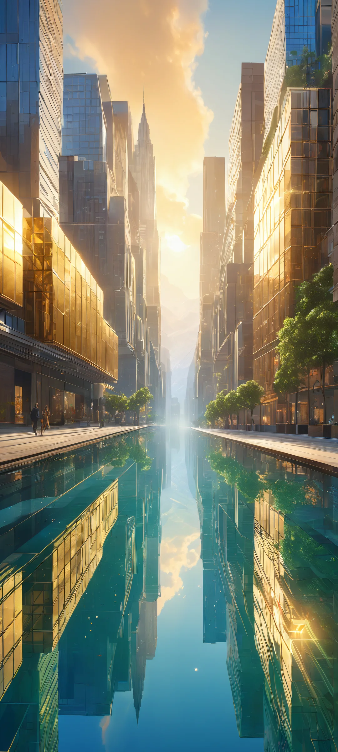 Breathtaking vertical portrait artwork of Cityscape for iPhone and Android devices. Perfectly clean top half with vast pure void, vast outdoor spaces below.