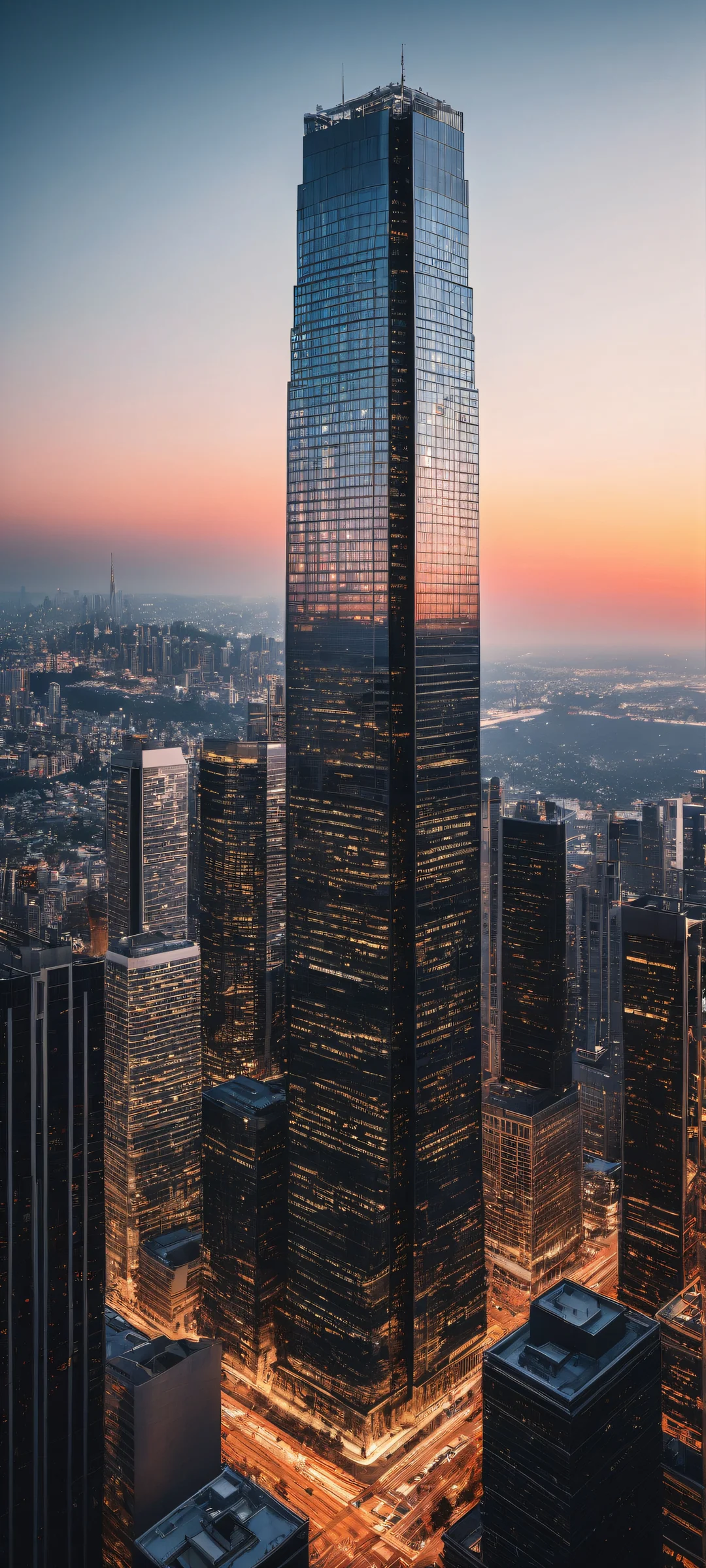 Cityscape Oasis 2K Mobile Background iPhone and Android users will love this breathtaking vertical portrait artwork of Cityscape with intricate micro-details of a skyscraper's textured glass and steel structure, perfectly clean top half for UI, and a bustling cityscape below.