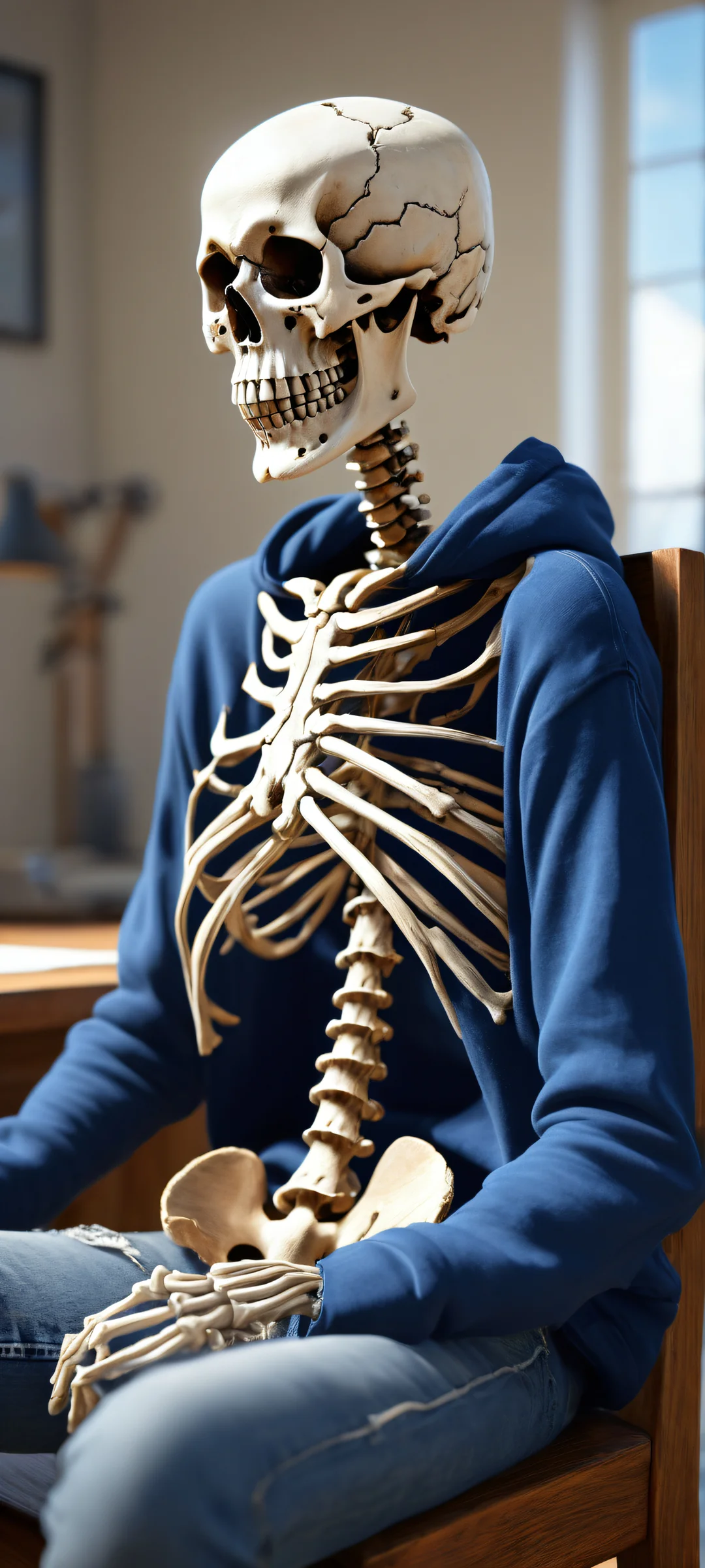 An ancient skeleton in old blue jeans and black hoodie with 'CIVITAI' on the front, slumped back in a chair at a desk, perfekt optimiert für iPhone/Android-Startbildschirme.