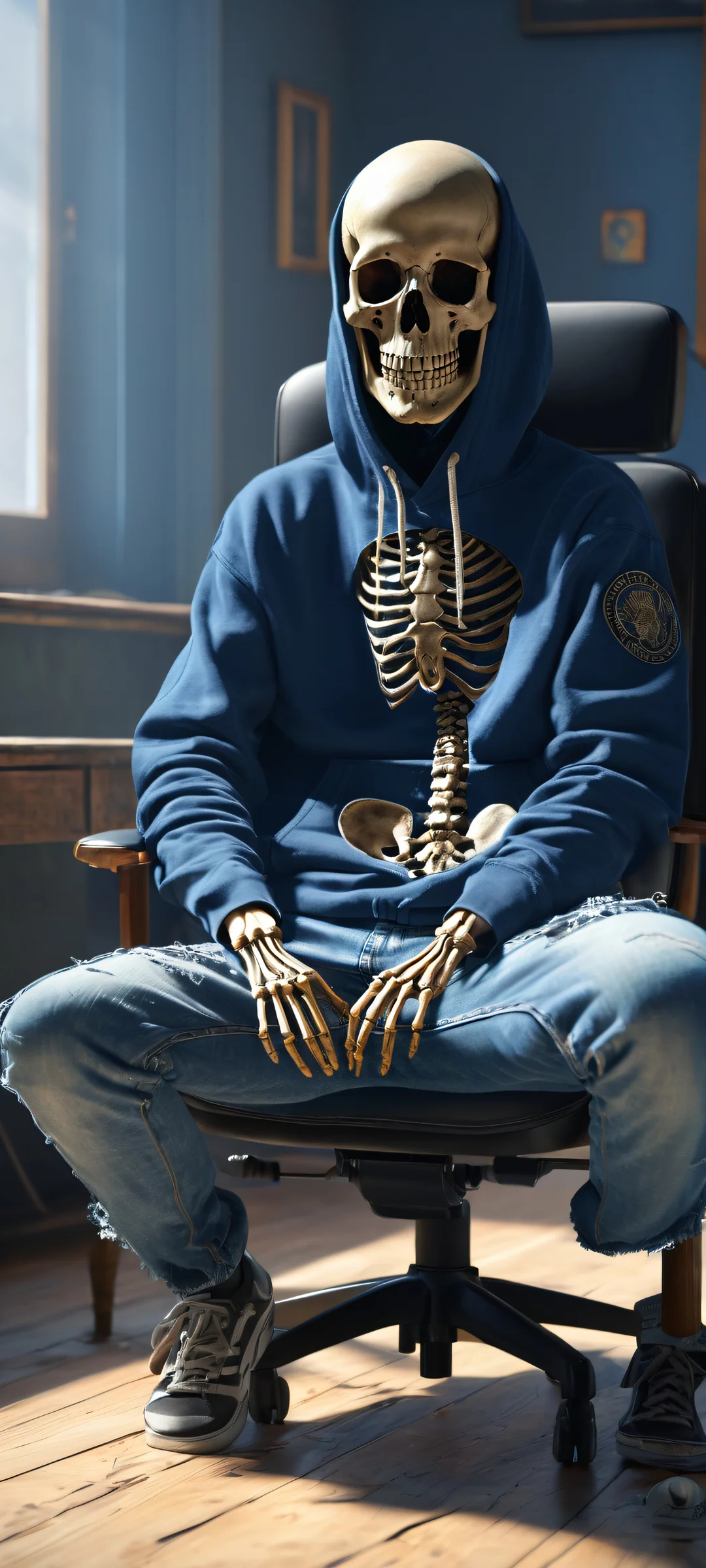 Ancient skeleton in blue jeans and hoodie, sitting at a desk with a computer displaying 'No results found'. Perfectly clean top half contrasts with eerie atmosphere below. iPhone/Android
