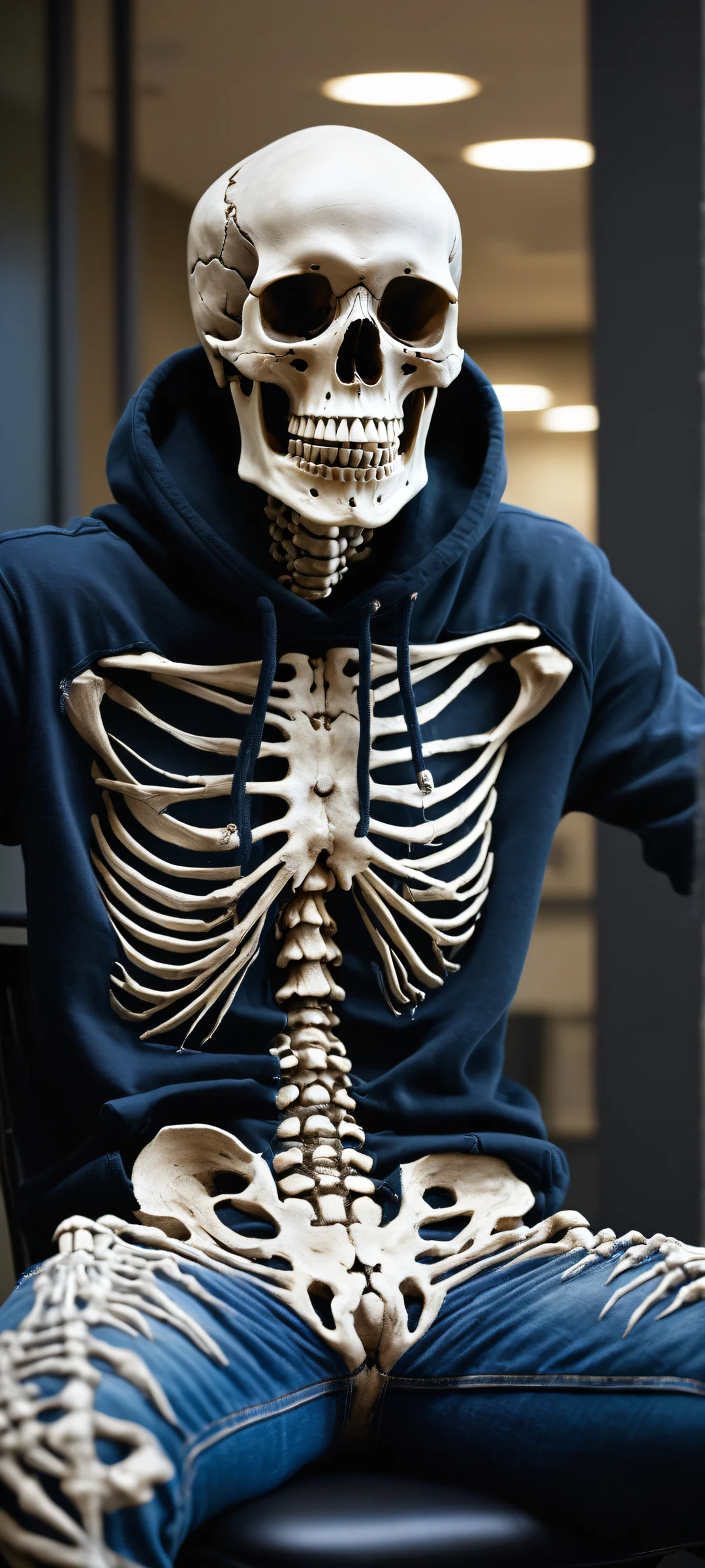 Ancient skeleton in old blue jeans and black hoodie, surrounded by cobwebs, sitting at an abandoned office desk - perfekt für iPhone/Android-Startbildschirme.