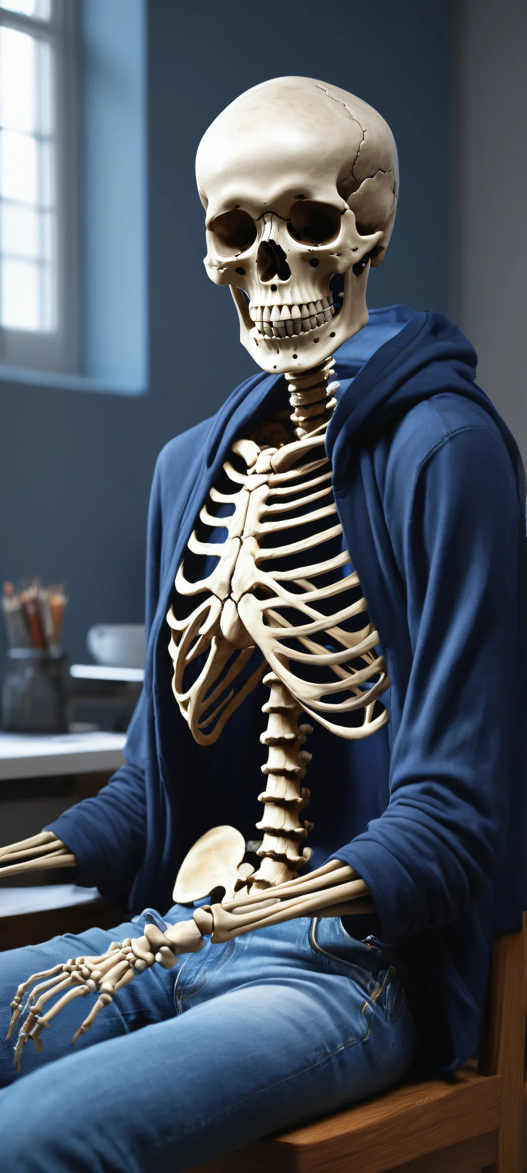 An ancient skeleton wearing blue jeans and a black hoodie with 'CIVITAI' on the front, slumped back in a chair at a desk in front of an old computer displaying 'No results found'. iPhone/Android.