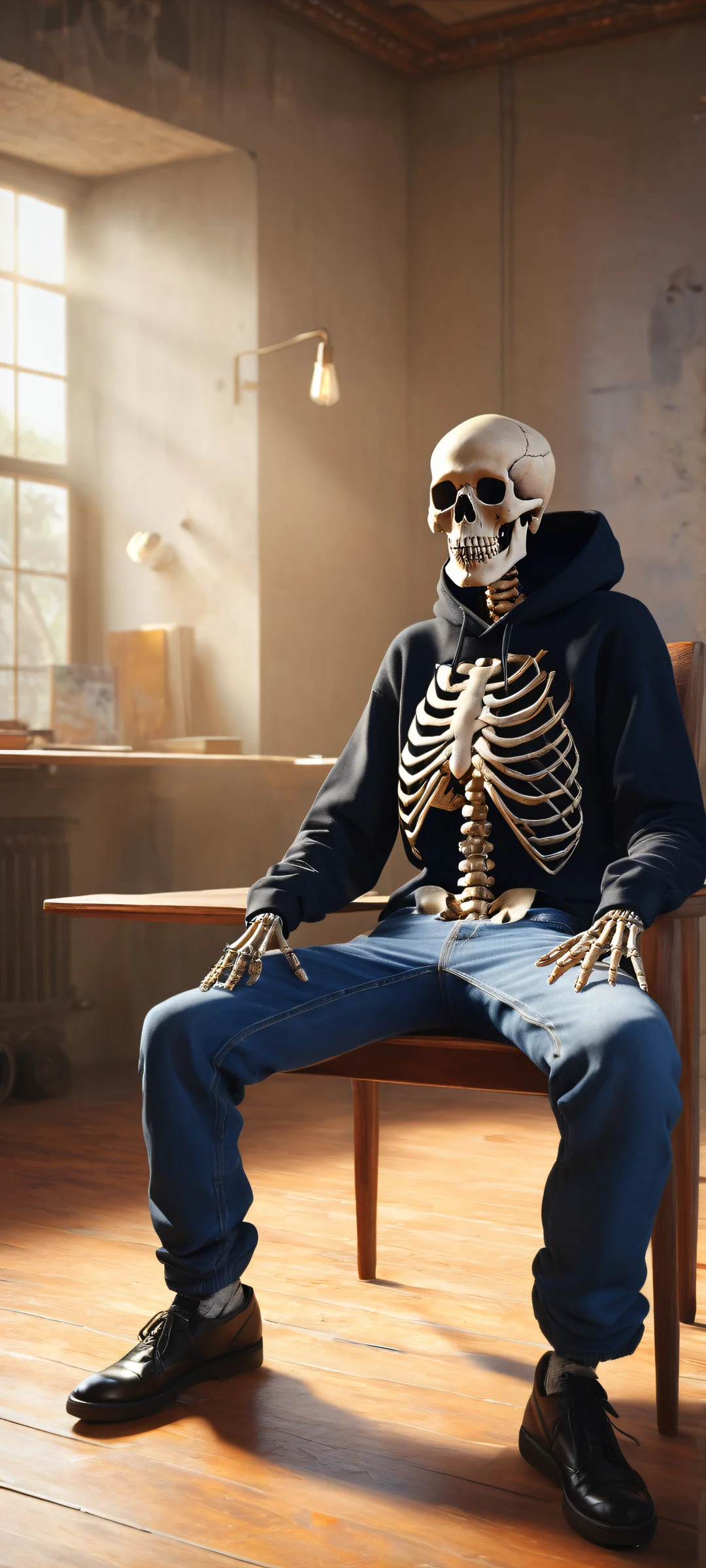 Ancient skeleton in blue jeans and black hoodie, surrounded by cobwebs and dust, perfectly clean top half for iPhone/Android home screens.